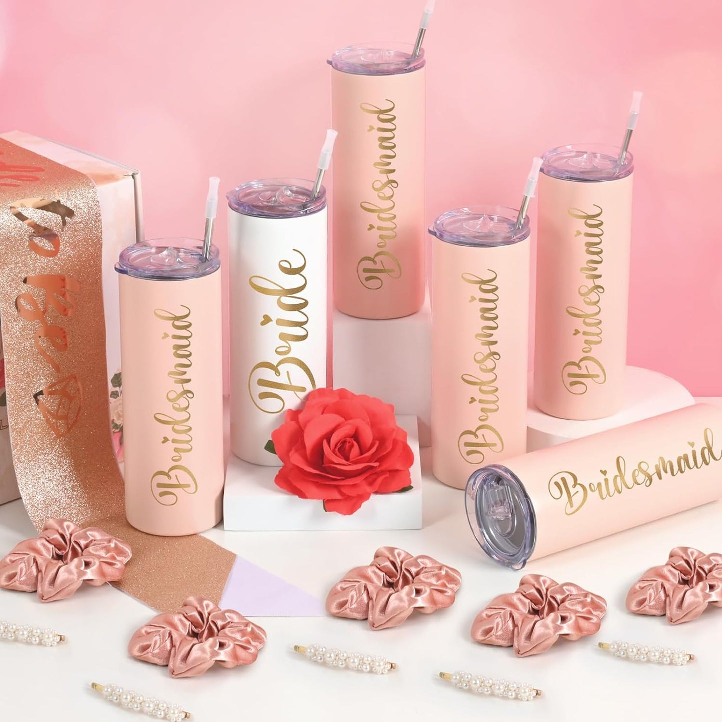 Gingprous 20oz Bride、Bridesmaid Stainless Steel Skinny Tumbler with Lids Straws,Double Wall Travel Tumblers, Vacuum Insulated Tumblers , Engagement Wedding Gifts Bridesmaids Tumblers ,Multicolor