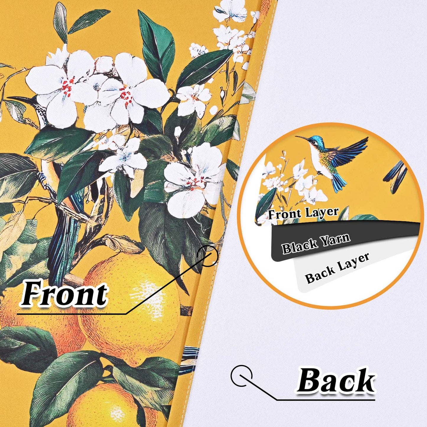 Alishomtll Floral Lemon Hummingbird Blackout Curtains Room Darkening Grommet Window Drapes for Living Room , 52" x84", ,Set of 2 Panels,Yellow