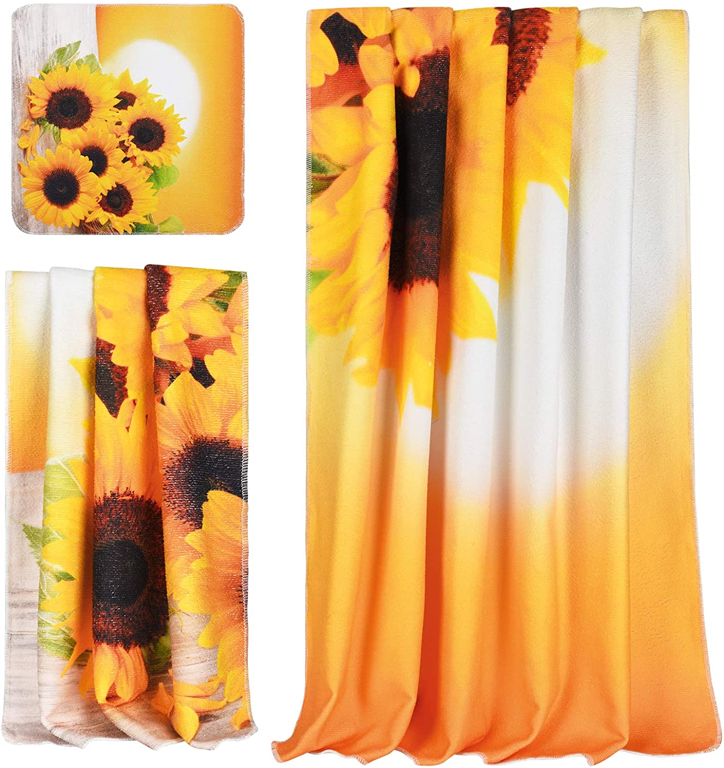 Alishomtll Yellow Bath Towel Sets With Sunflower Pattern Include Beach Towel, Hand Towel and Wash Towel, Super Soft Water Absorbent