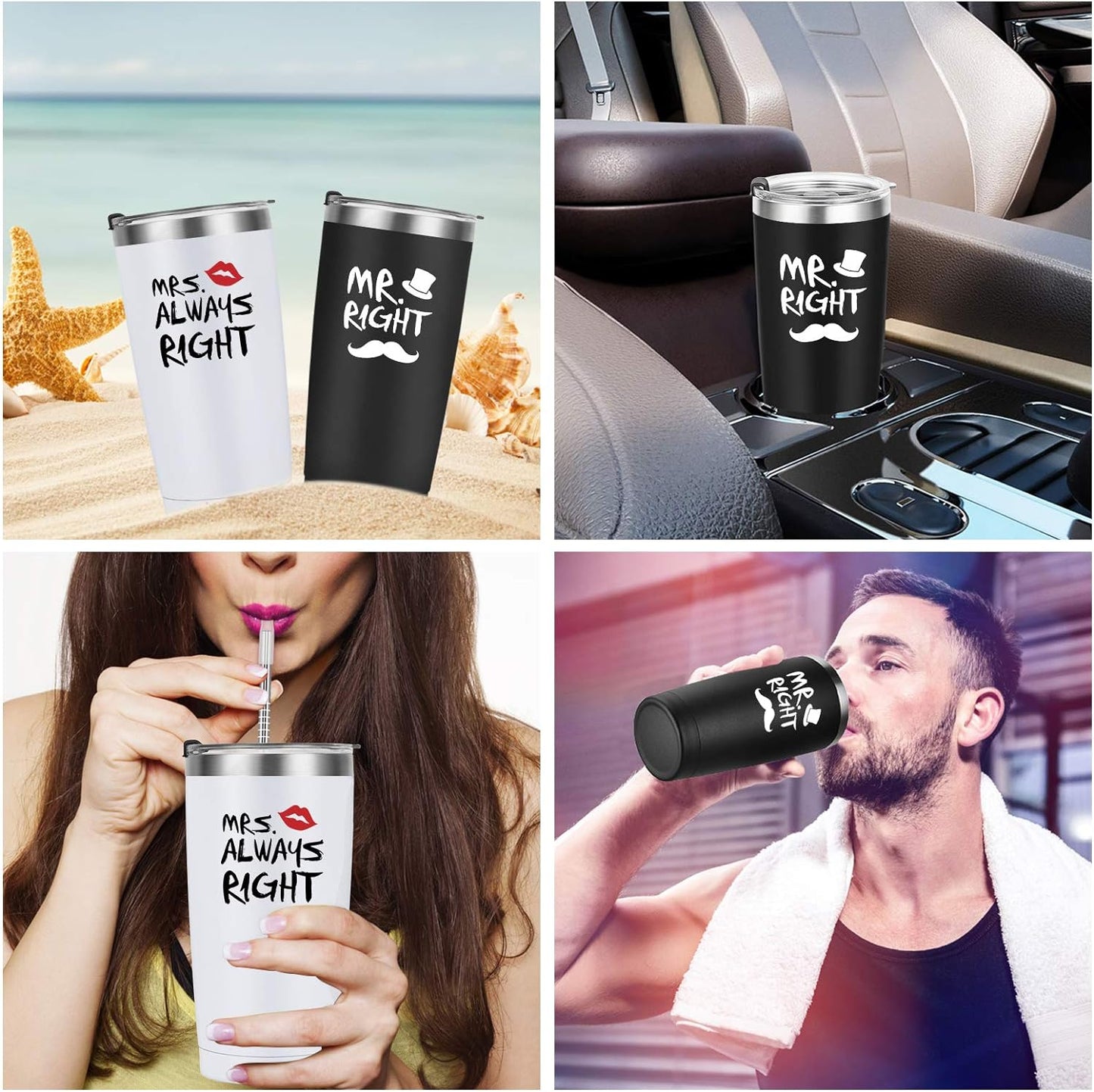 Gingprous 2 Pack 20 oz Mr. Right Mrs. Always Right Stainless Steel Travel Tumblers Set with Lids Straws , Black&White