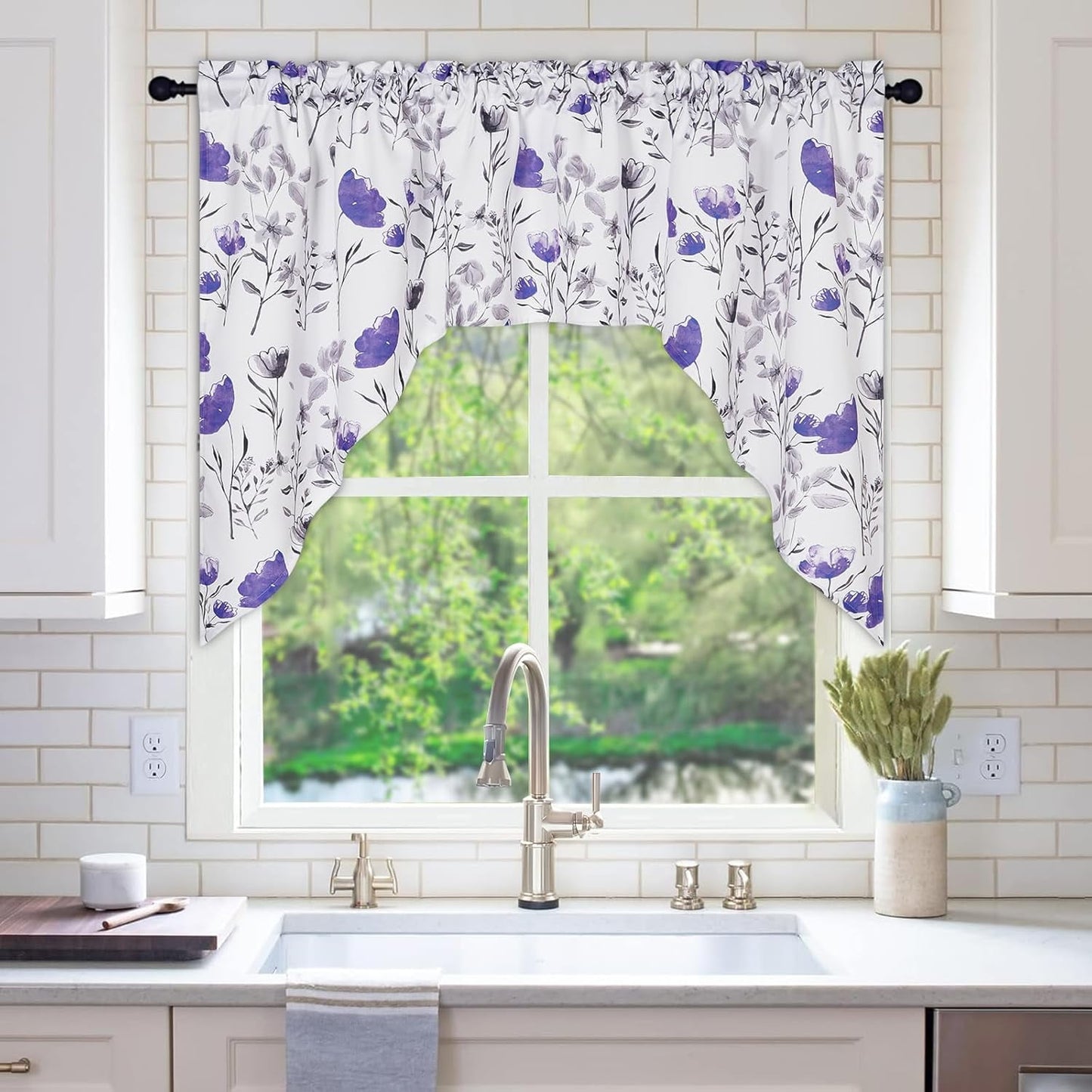 Alishomtll Kitchen Curtains Valances Swags for Windows Purple Floral Printed Window Drapes, 61" W x 36"