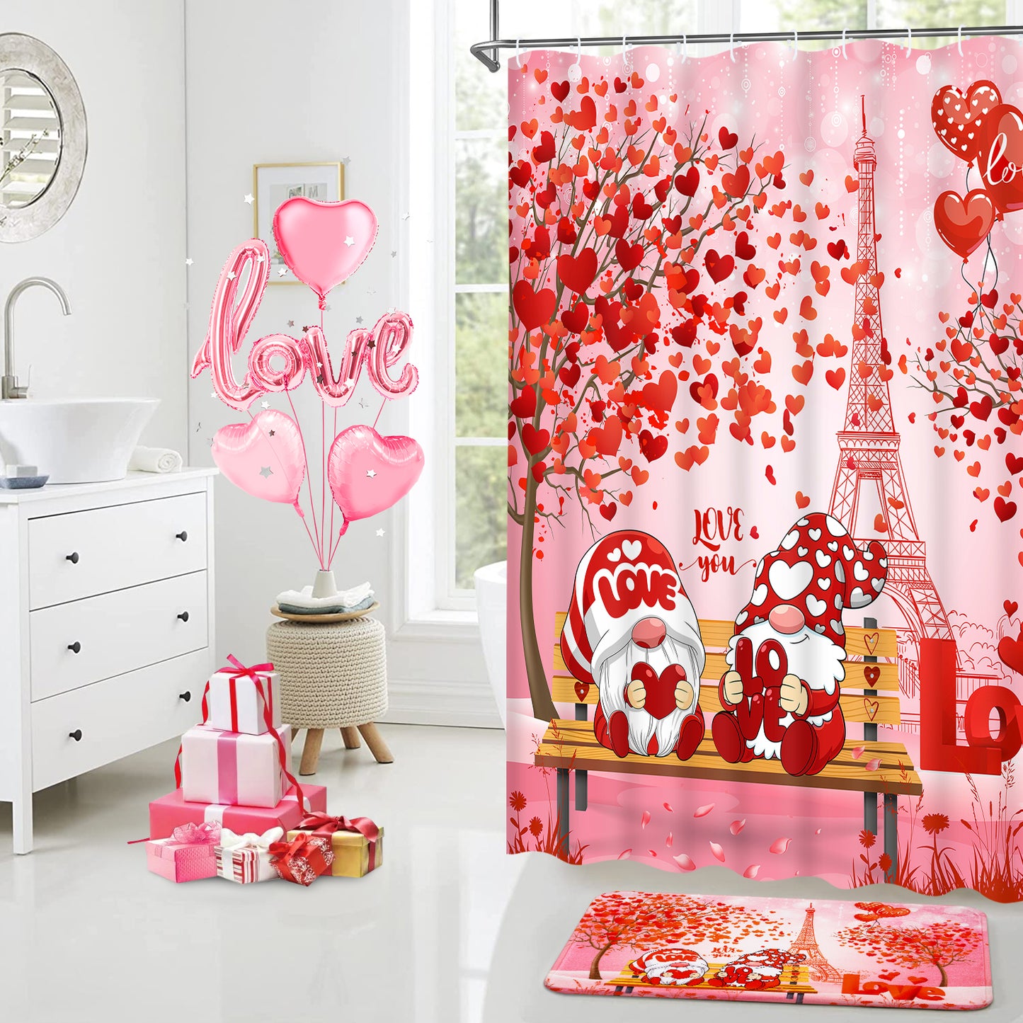 FRAMICS Valentine's Day Shower Curtain Sets with Rugs, 16 Pc Love Heart Gnomes Bathroom Sets with Hooks, Pink Eiffel Tower Waterproof Fabric Bathroom Decor Gift