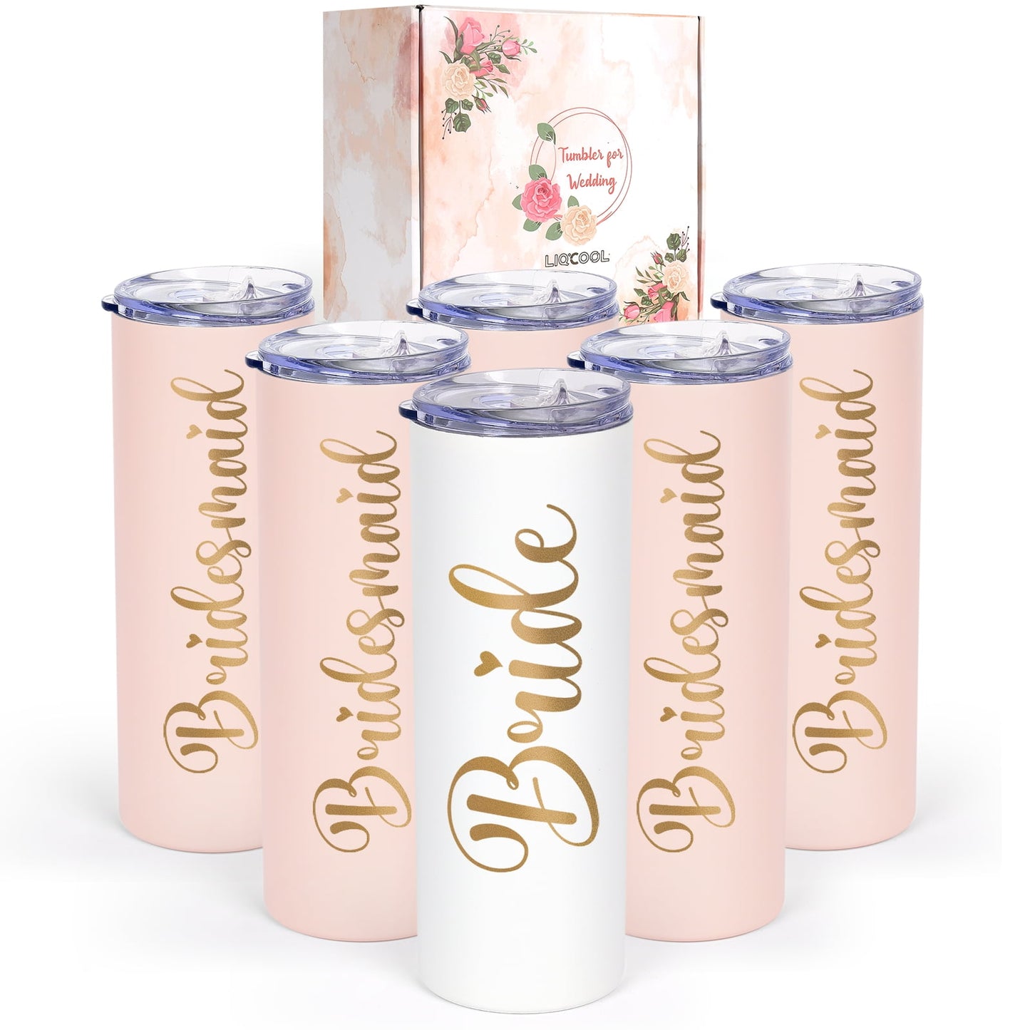 Gingprous 20oz Bride、Bridesmaid Stainless Steel Skinny Tumbler with Lids Straws,Double Wall Travel Tumblers, Vacuum Insulated Tumblers , Engagement Wedding Gifts Bridesmaids Tumblers ,Multicolor