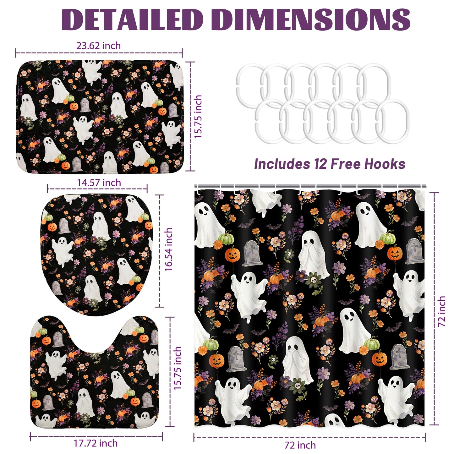 FRAMICS Halloween Cute Ghost Shower Curtain Sets with Rugs, 16-Piece Spooky Floral Pumpkin Bathroom Sets with Hooks, Waterproof Fabric Bathroom Decor 72" x 72"