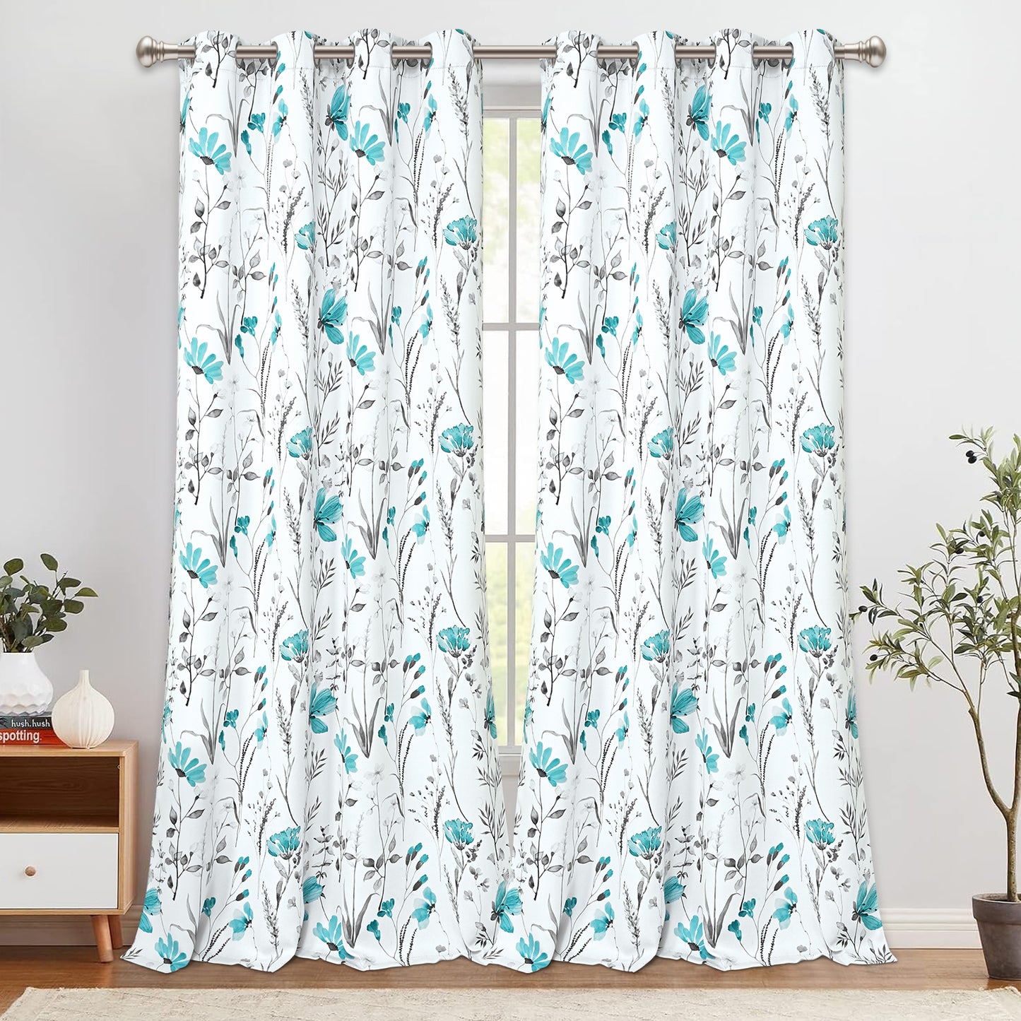 Alishomtll Teal Floral Blackout Curtains for Living Room Bedroom Energy Efficient Thermal Insulated Grommet Window Drapes, 52"x 84",Set of 2