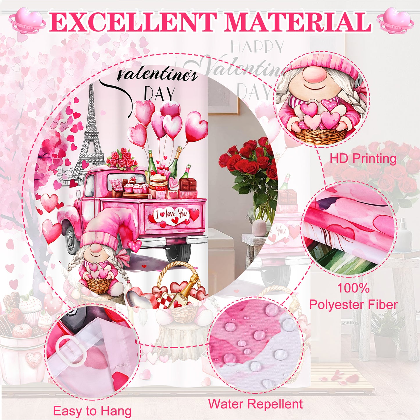 FRAMICS Happy Valentine's Day Shower Curtain Sets with Rugs, 16 Pc Pink Gnome Truck Bathroom Sets, Love Heart Tree Waterproof Fabric Bathroom Curtain Decor with Hooks