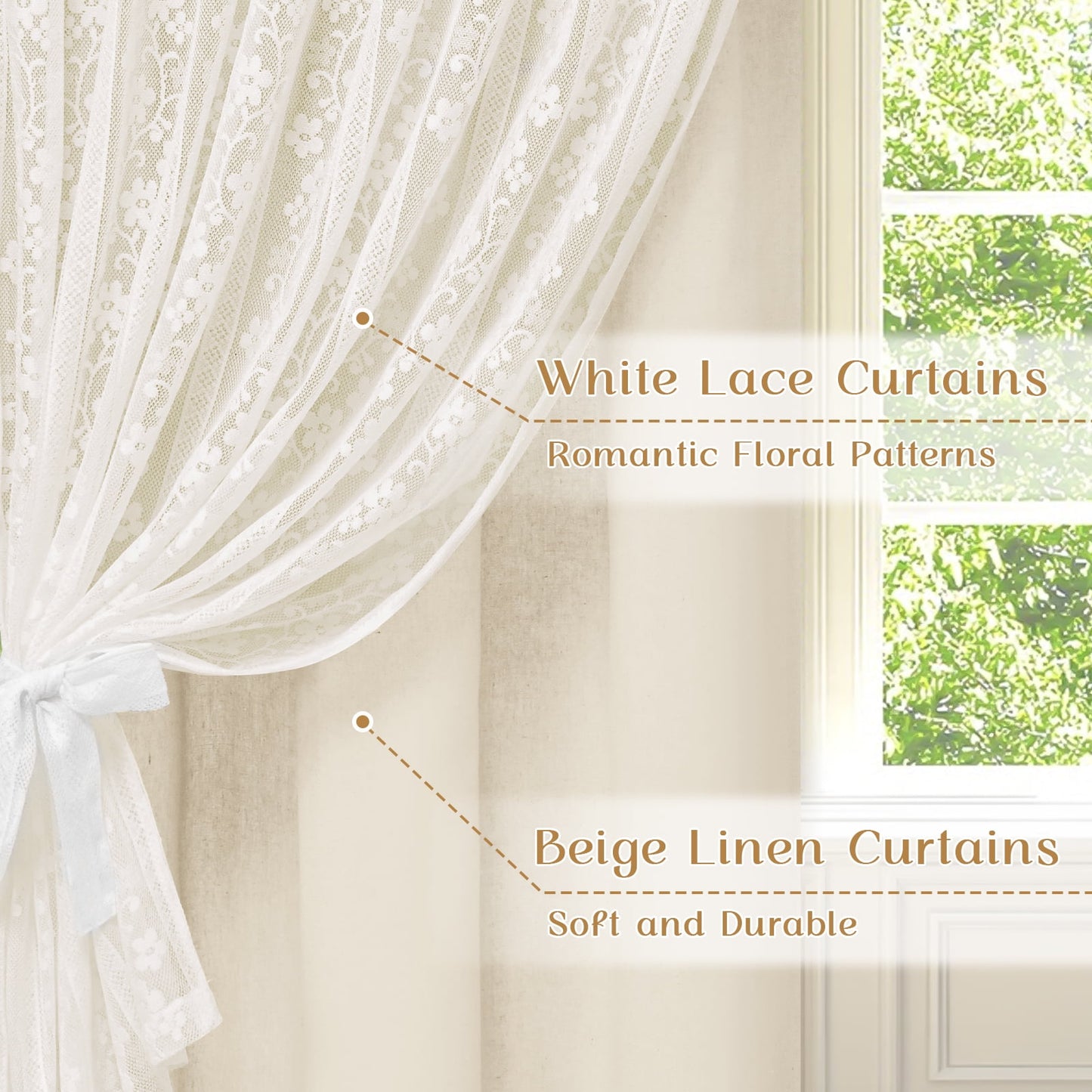 Alishomtll Beige Linen Curtains with Lace Sheer 84 Inches Long, Double Layer Light Filtering Window Drapes for Bedroom Living Room,W52 X L84,2 Panels