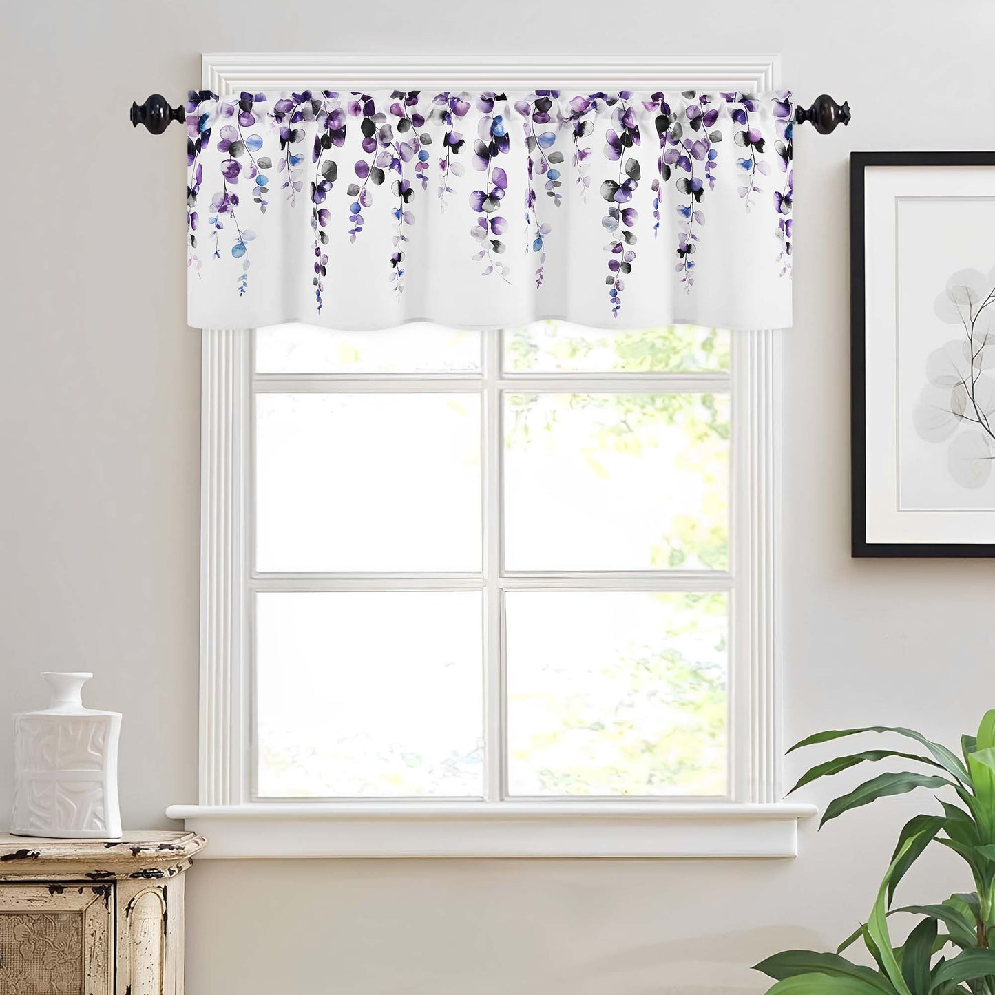 Alishomtll Valance Curtains for Living Room Bedroom Kitchen Windows Grey Purple Watercolor Leaves Print ,52 x 18 inch,Rod Pocket