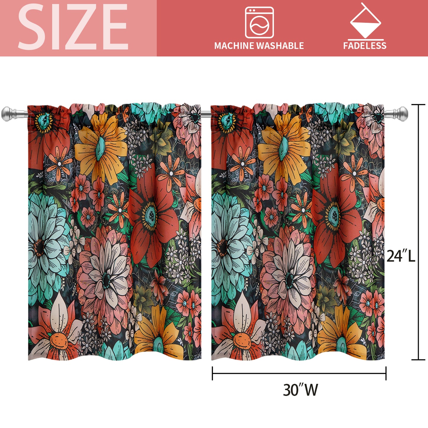 Alishomtll Boho Floral Print Kitchen Curtains 24 Length Sets for Small Window,2 Panels,Rod Pocket