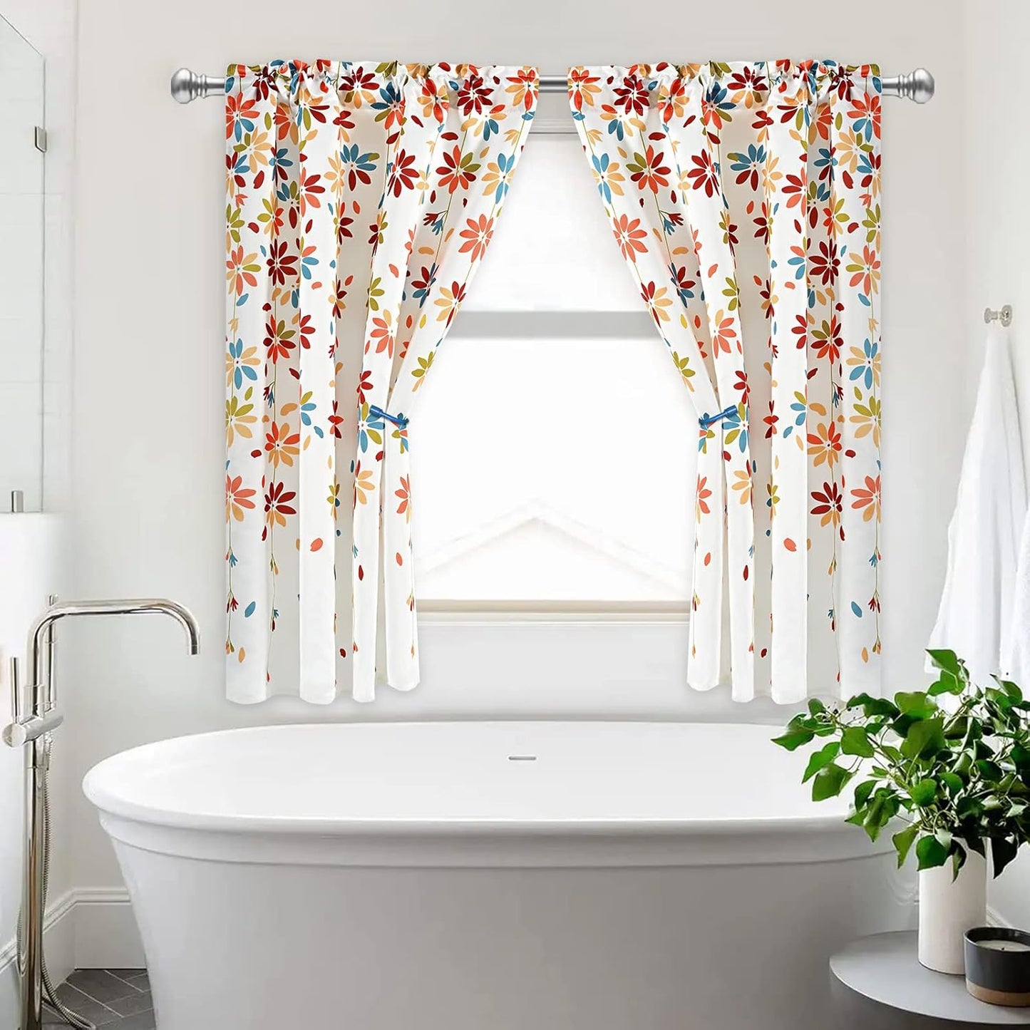 Alishomtll Falling Flower Kitchen Curtains Sets Tier Light Filtering Small Window Drapes Rod Pocket ,26"Wx36"L,2 Panels,Orange