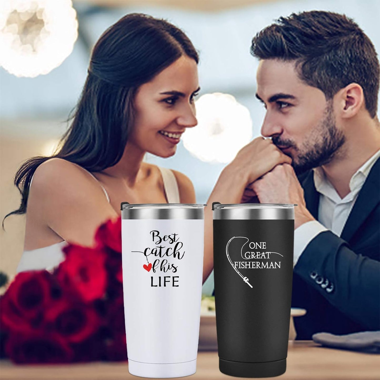 Gingprous 20 oz 2 Pack Stainless Steel Tumbler with Straws and Lids , Double Wall Travel Tumblers, Vacuum Insulated Tumblers, Insulated Coffee Cup for Couple,Black and White
