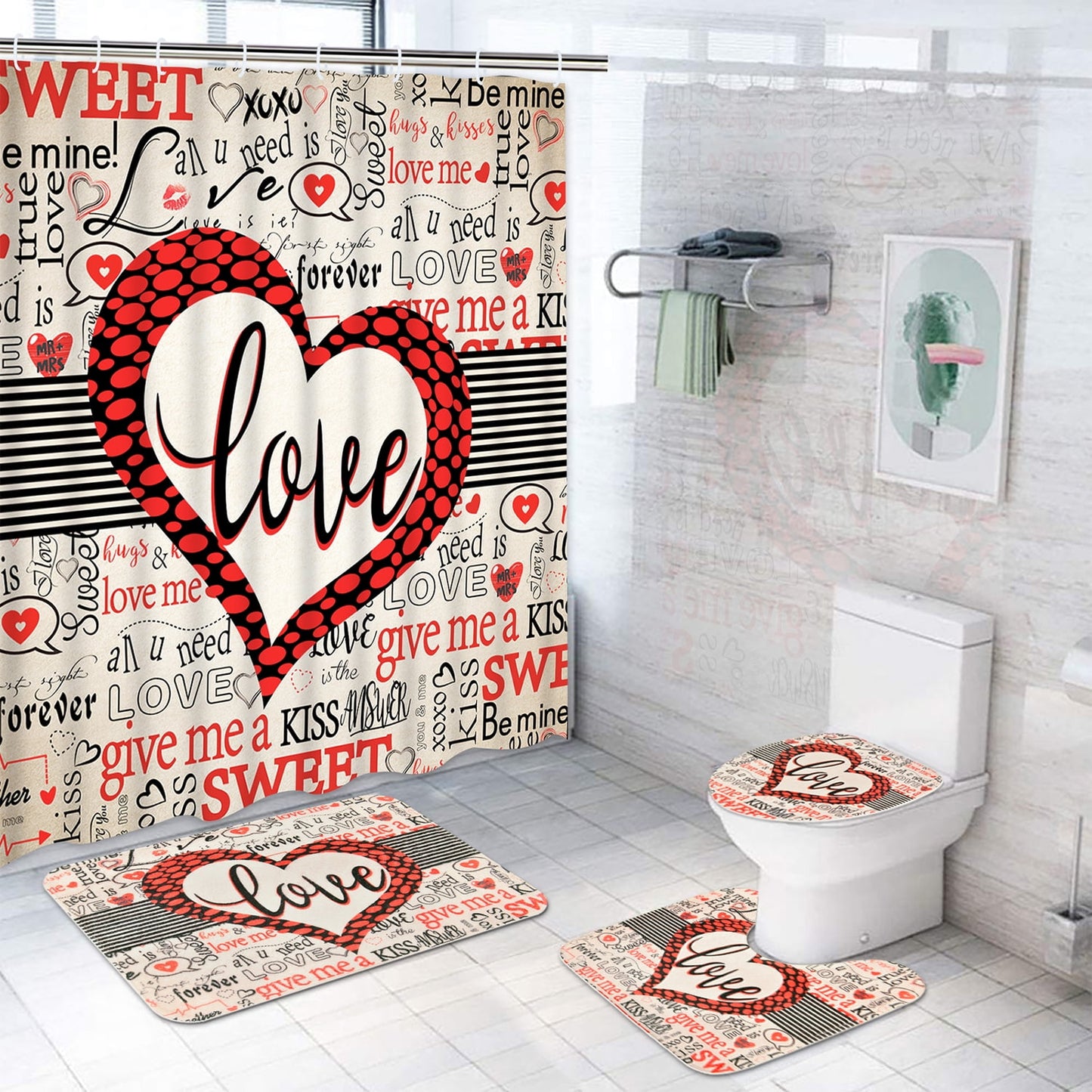 FRAMICS Valentine's Day Shower Curtain Sets with Rugs, 16 Pc Sweet Love Heart Bathroom Sets with Hooks, Romantic Waterproof Fabric Bathroom Decor Gift