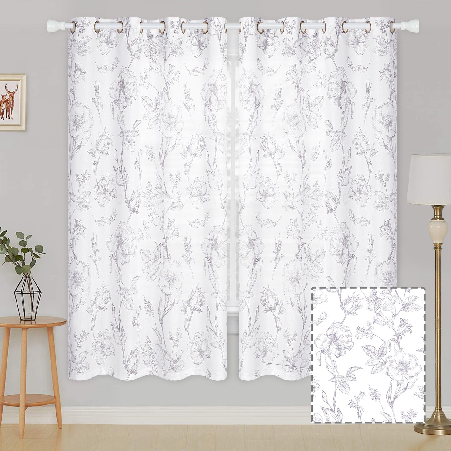 Alishomtll Floral Curtains Linen Farmhouse Curtains for Living Room Country Curtains Grommet Top Semi Sheer Curtains Light Filtering ,2 Panels