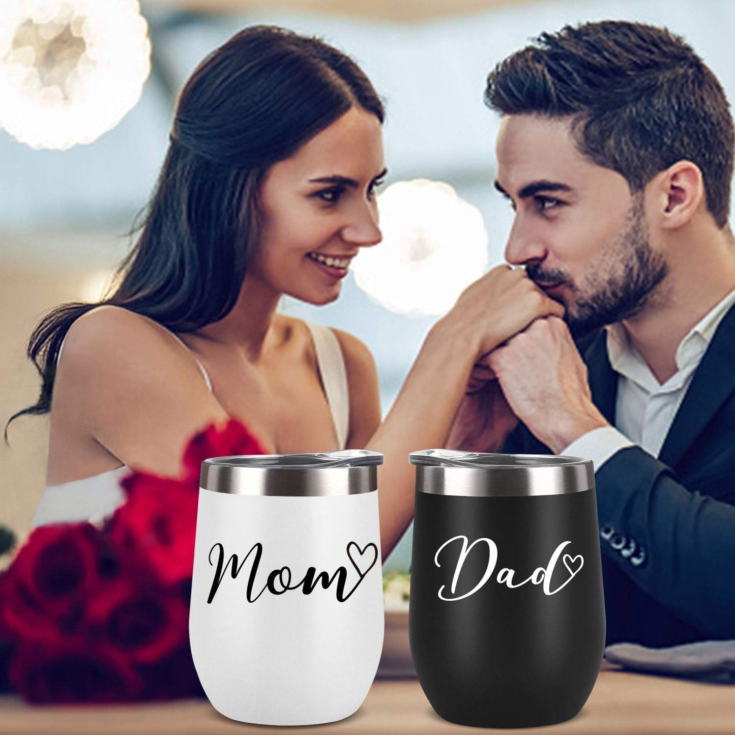 Gingprous 12oz Stainless Steel Wine Tumbler with Lid , Mom and Dad Insulated Tumbler Set , Funny Christmas Gifts , Black and White