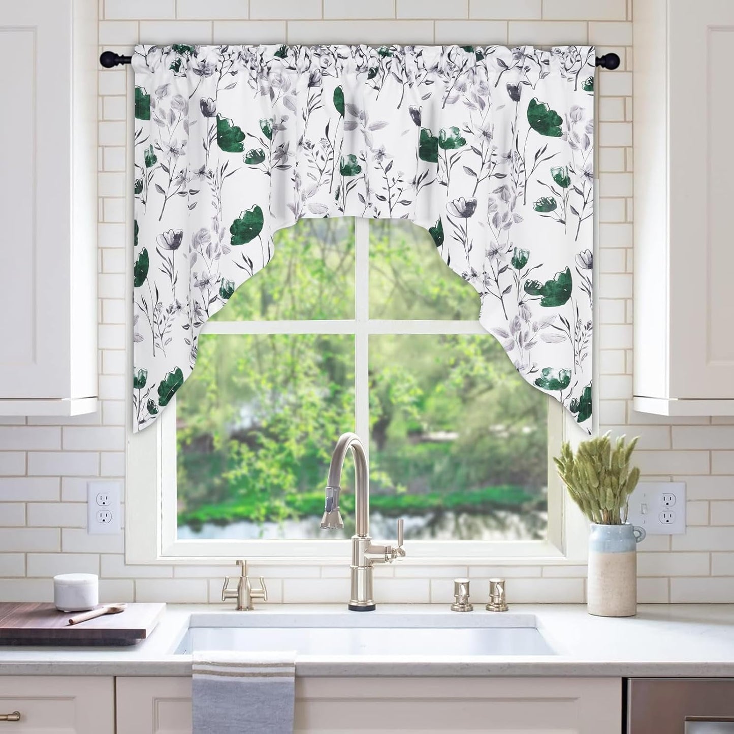 Alishomtll Kitchen Curtains Valances Swags for Windows Green Floral Printed Window Drapes, 61" W x 36"