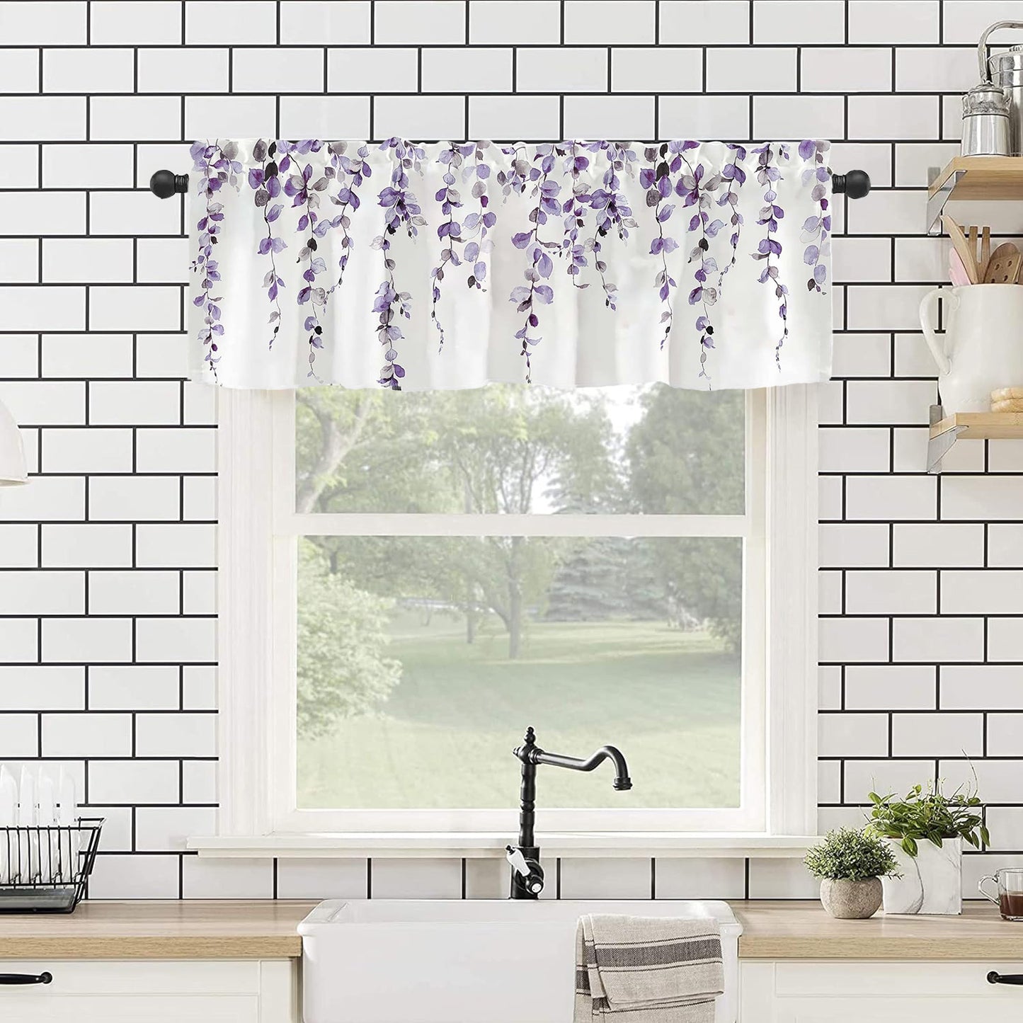 Alishomtll Valance Curtains for Living Room Bedroom Kitchen Windows Grey Purple Watercolor Leaves Print ,52 x 18 inch,Rod Pocket