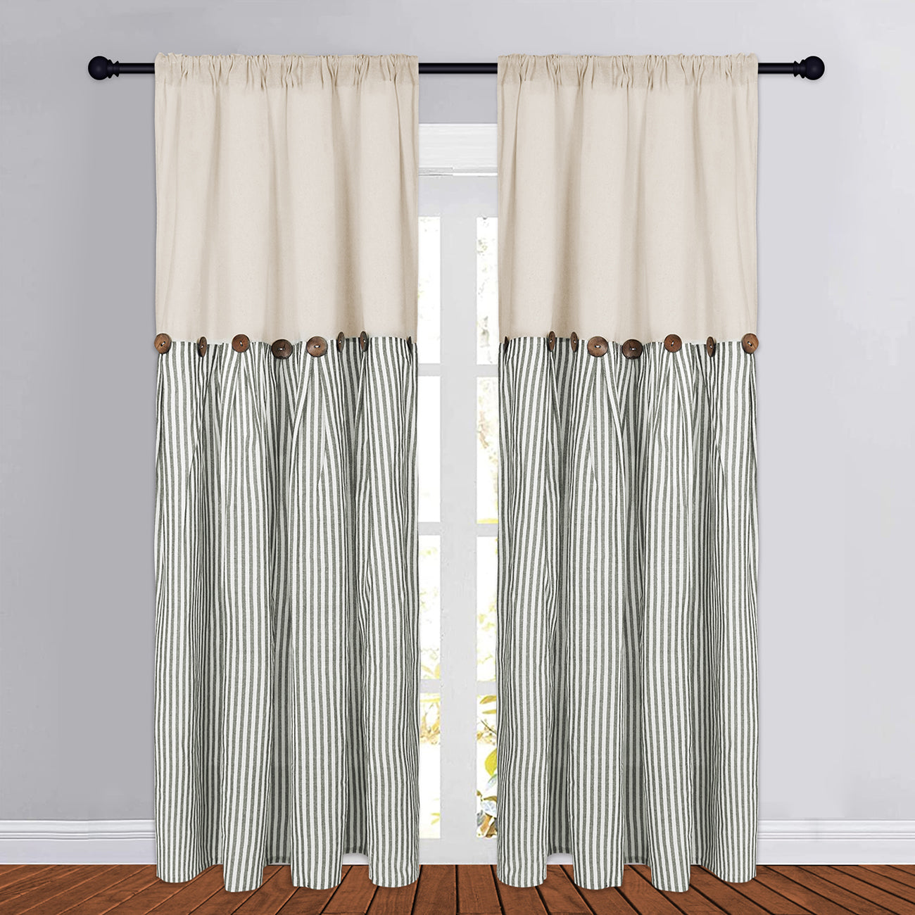 Alishomtll Farmhouse Curtains Natural Stripe Cotton Linen Button Boho Rustic Rod Pocket Back Tab Window Drapes for Living Room , 2 Panels