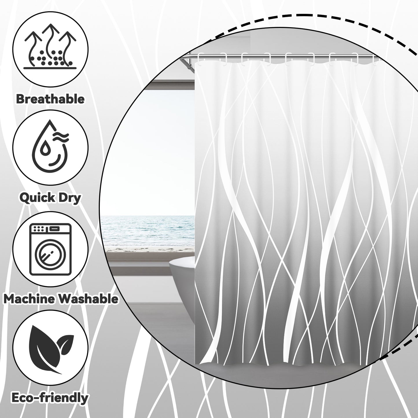 FRAMICS 15-Piece Ombre Gray Shower Curtain Sets with Rugs, Waterproof Fabric Striped Gradient Bathroom Sets, 72" x 72"