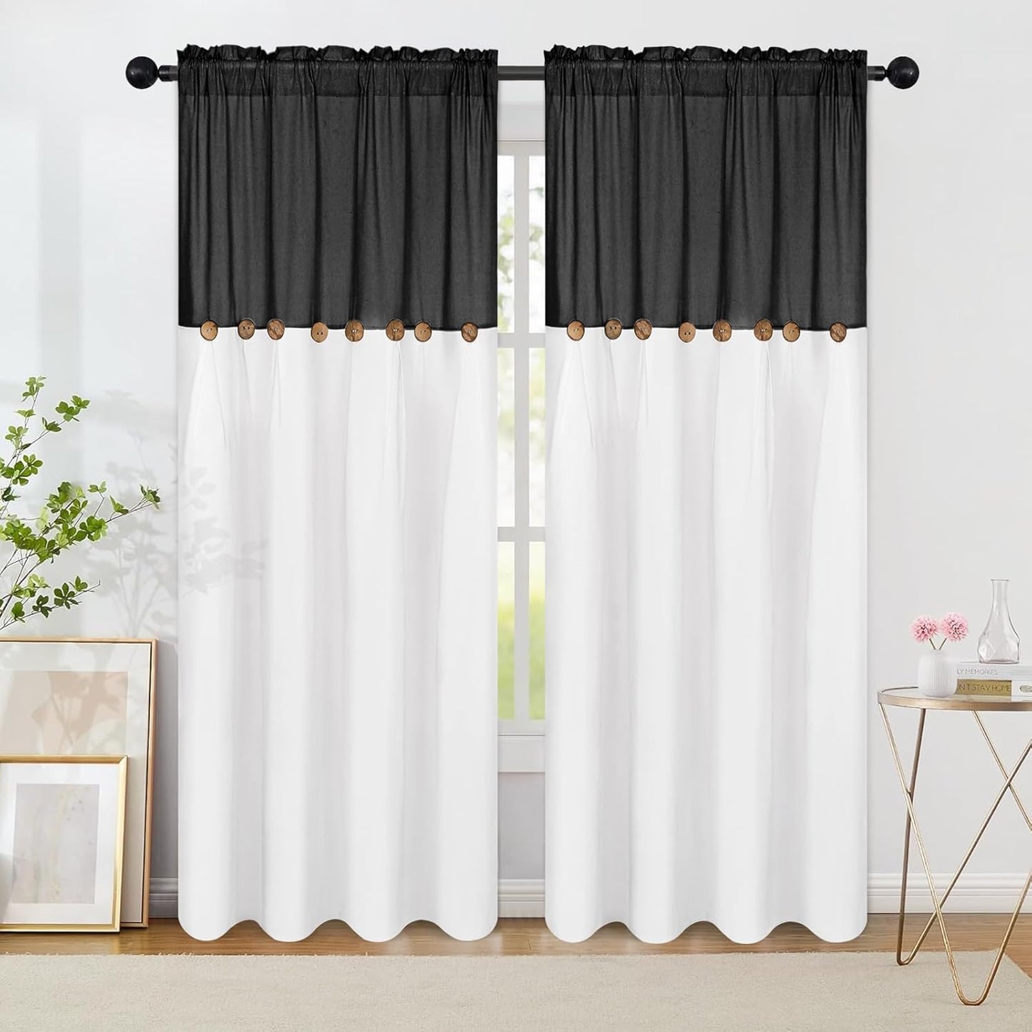 Alishomtll Linen Curtains Farmhouse Boho Button Light Filtering Window Drapes For Living Room Bedroom,Rod Pocket,84"L x 52"W, 2 Panel,Black White