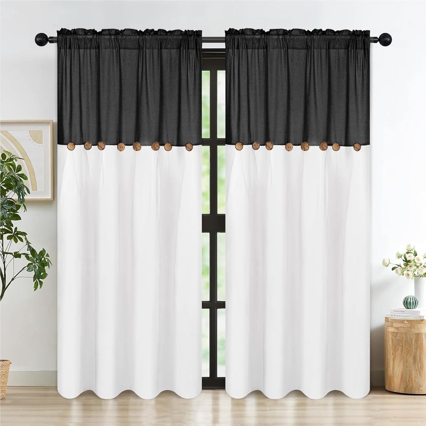 Alishomtll Linen Curtains Farmhouse Boho Button Light Filtering Window Drapes For Living Room Bedroom,Rod Pocket,84"L x 52"W, 2 Panel,Black White