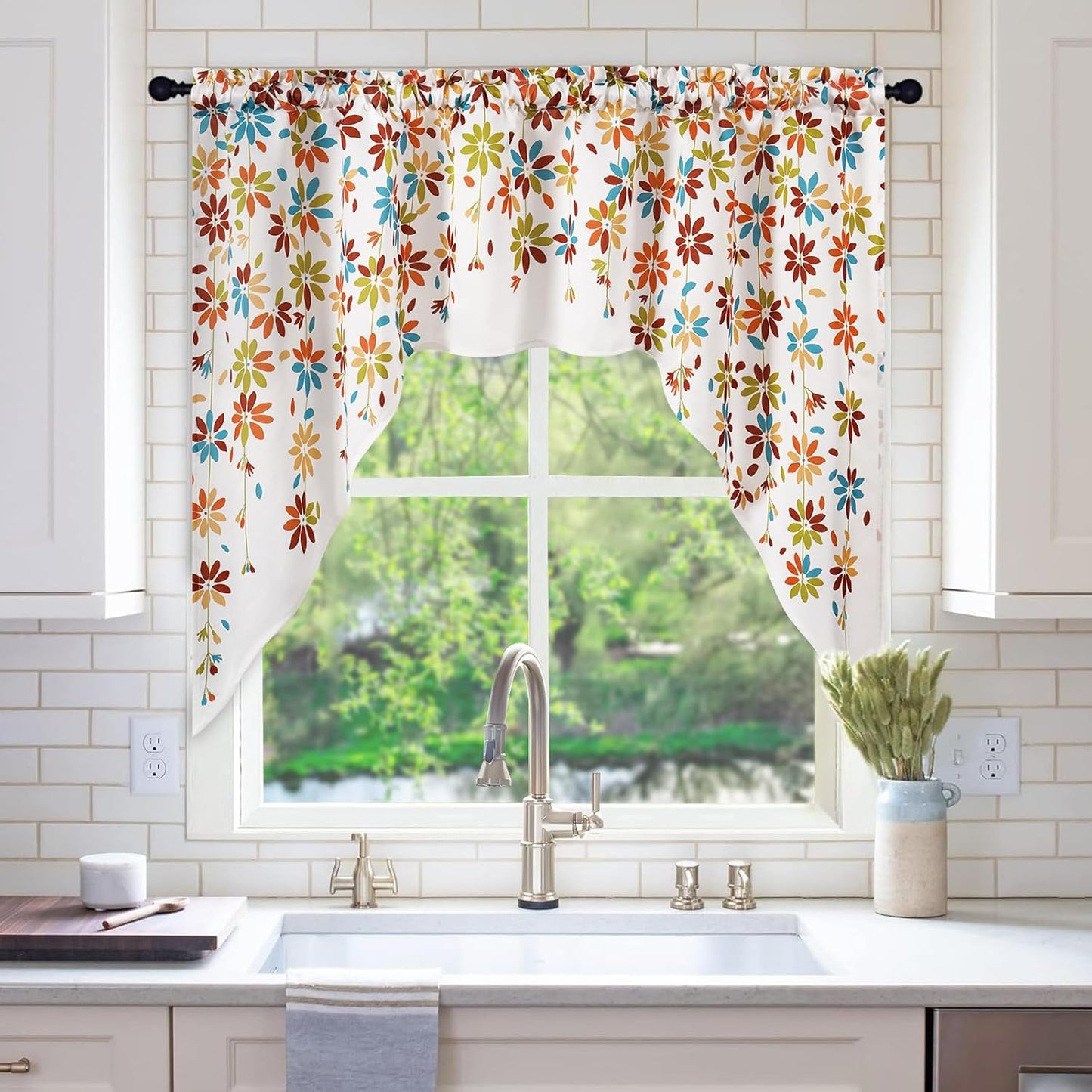 Alishomtll Falling Flower Kitchen Curtains Valances Swags for Windows Window Drapes,61" W x 36" L,Rod Pocket,Orange