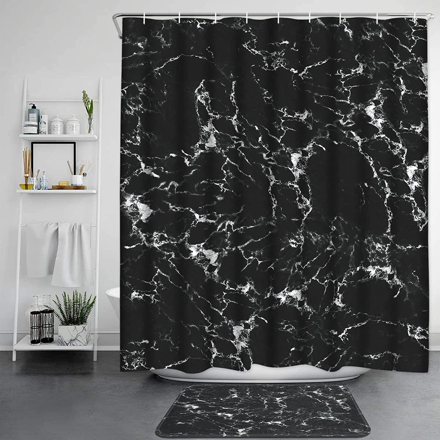 FRAMICS Black White Marble Shower Curtain and Rug Sets, 16 Pc Abstract Modern Bathroom Sets, Waterproof Fabric Shower Curtain with 12 Hooks and Toilet Rugs
