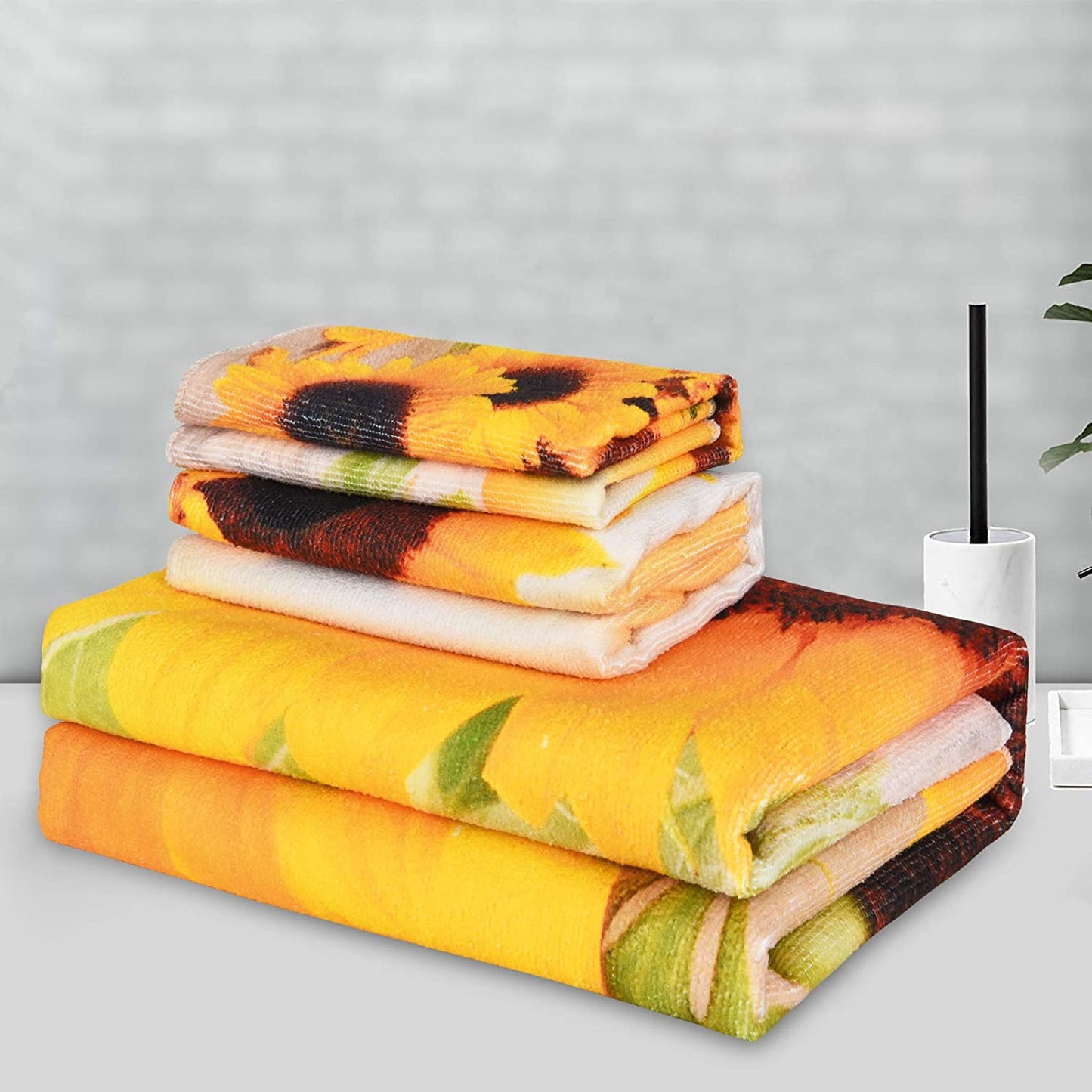 Alishomtll Yellow Bath Towel Sets With Sunflower Pattern Include Beach Towel, Hand Towel and Wash Towel, Super Soft Water Absorbent
