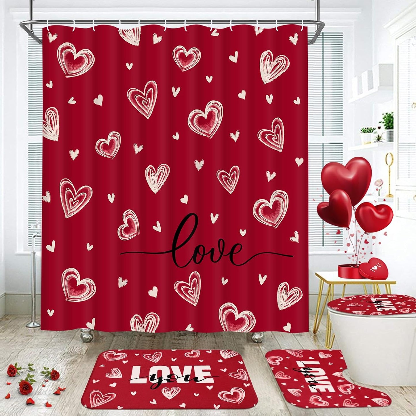 FRAMICS Valentine's Day Shower Curtain Sets with Rugs, 16 Pc Love Heart Romantic Bathroom Sets, Red Waterproof Fabric Bathroom Curtain Decor with Hooks