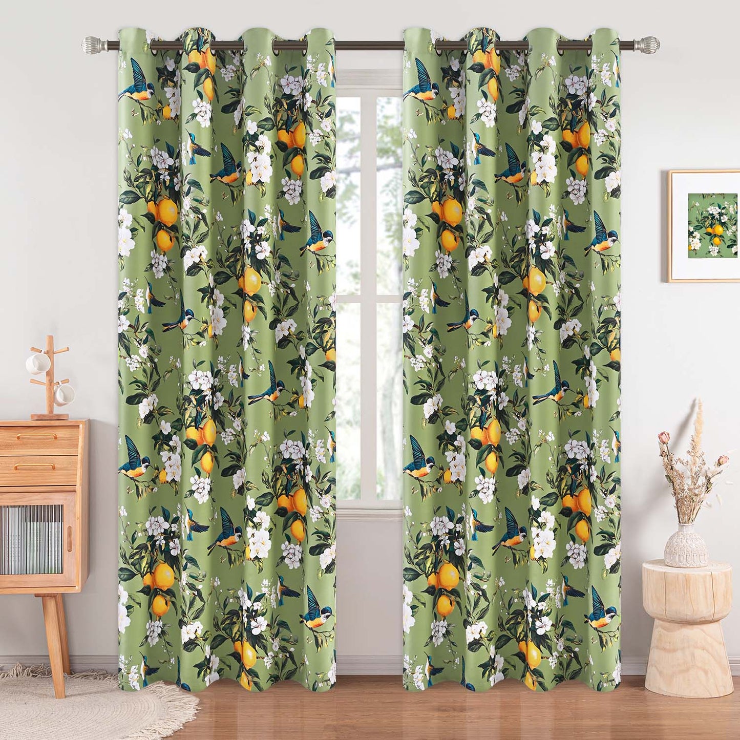 Alishomtll Floral Lemon Hummingbird Blackout Curtains Room Darkening Grommet Window Drapes for Living Room , 52" x84", ,Set of 2 Panels,Sage Green