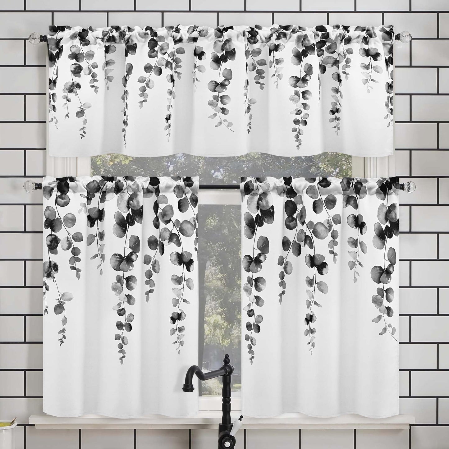 Alishomtll Kitchen Curtains and Valances Sets Grey Watercolor Leaves Print Kitchen Curtains 3 Piece Set 36 Inches Long,Rod Pocket