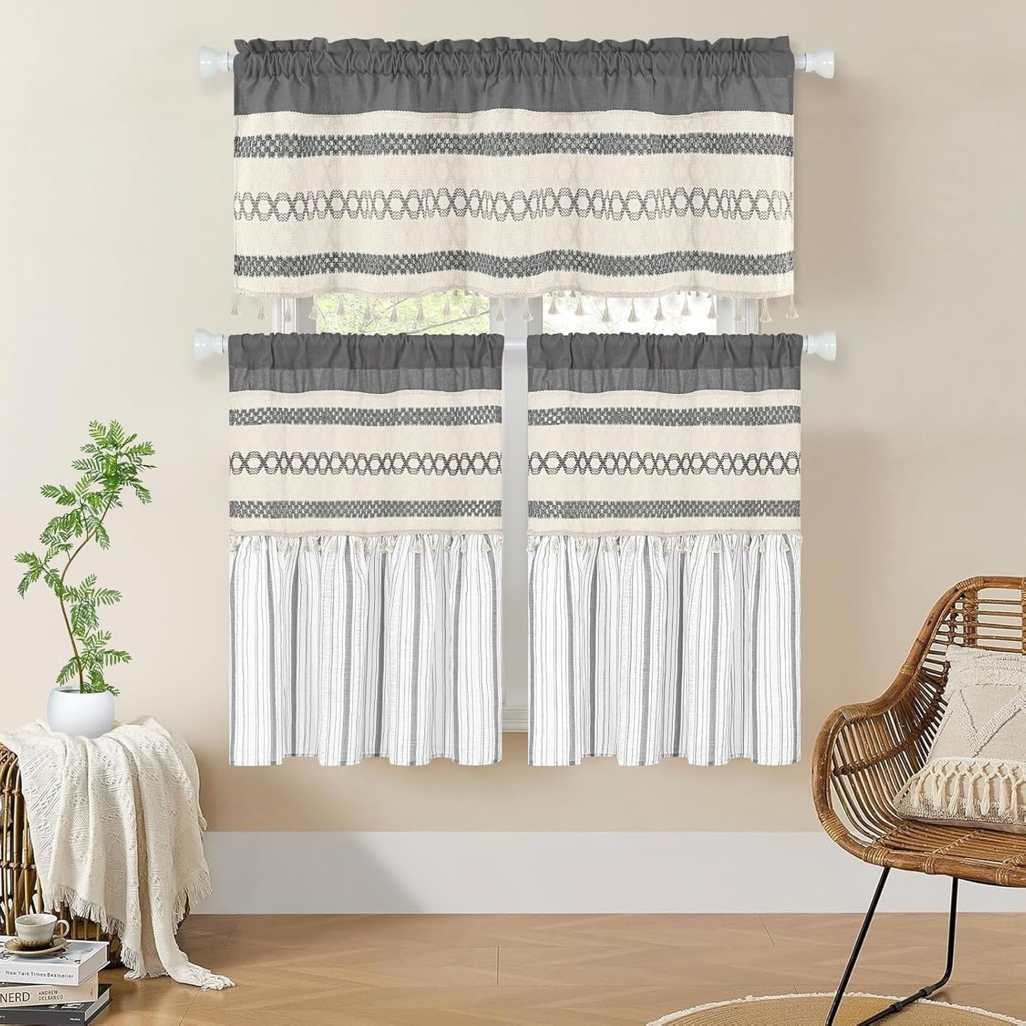 Alishomtll Boho Linen Light Filtering Curtains 84 Inches Long Farmhouse Rustic Striped Drapes Macrame Burlap ,Rod Pocket ,Beige ,with Tassel