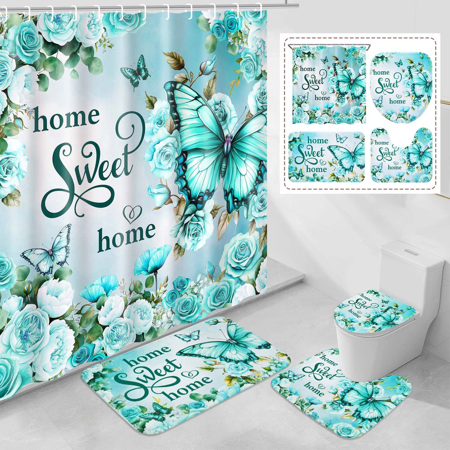 FRAMICS Teal Butterfly Shower Curtain Sets with Rugs, 16 Pcs Floral Farmhouse Bathroom Sets, Waterproof Fabric Bathroom Curtain Decor with Hooks