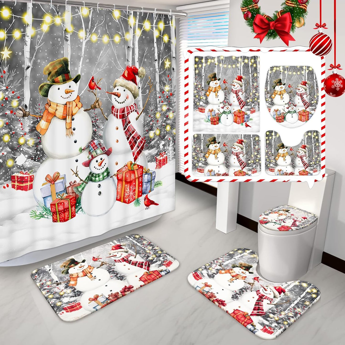 FRAMICS Merry Christmas Shower Curtain Sets with Rugs, 16 Pc Winter Cute Snowman Bathroom Sets, Xmas Silver Waterproof Fabric Bathroom Curtain Decor with Hooks