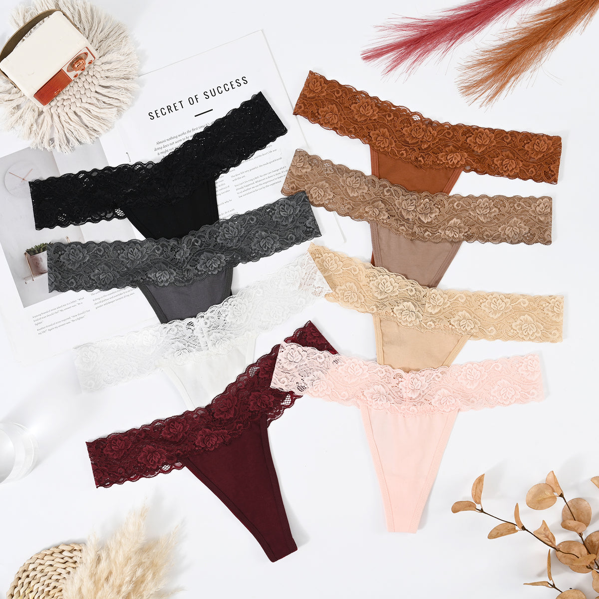 Sunm Boutique Lace Thongs for Women Low Rise T Back Cheeky Panties Cotton Womens Underwear,8 Pack