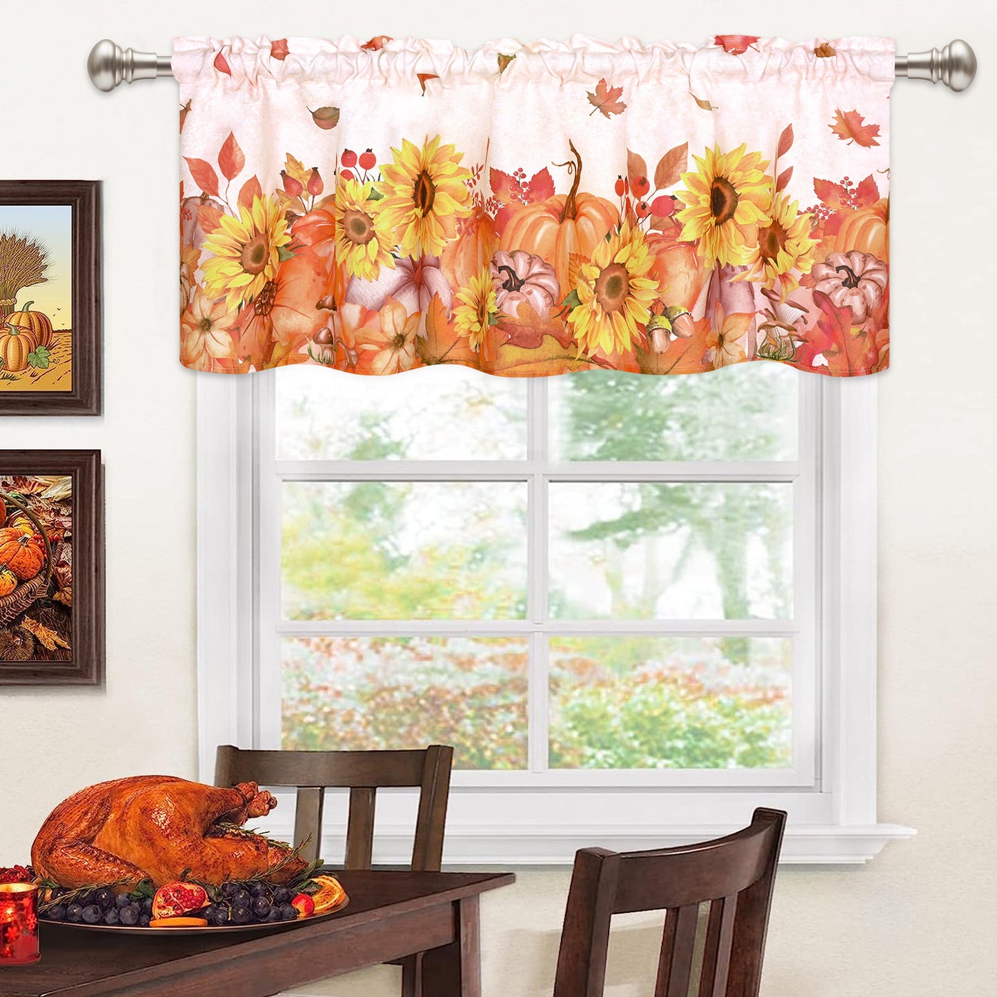 Alishomtll Fall Kitchen Curtains Thanksgiving Valance Fall Pumpkins Rod Pocket Window Treatment, 52W" x 18L", 1 Panel