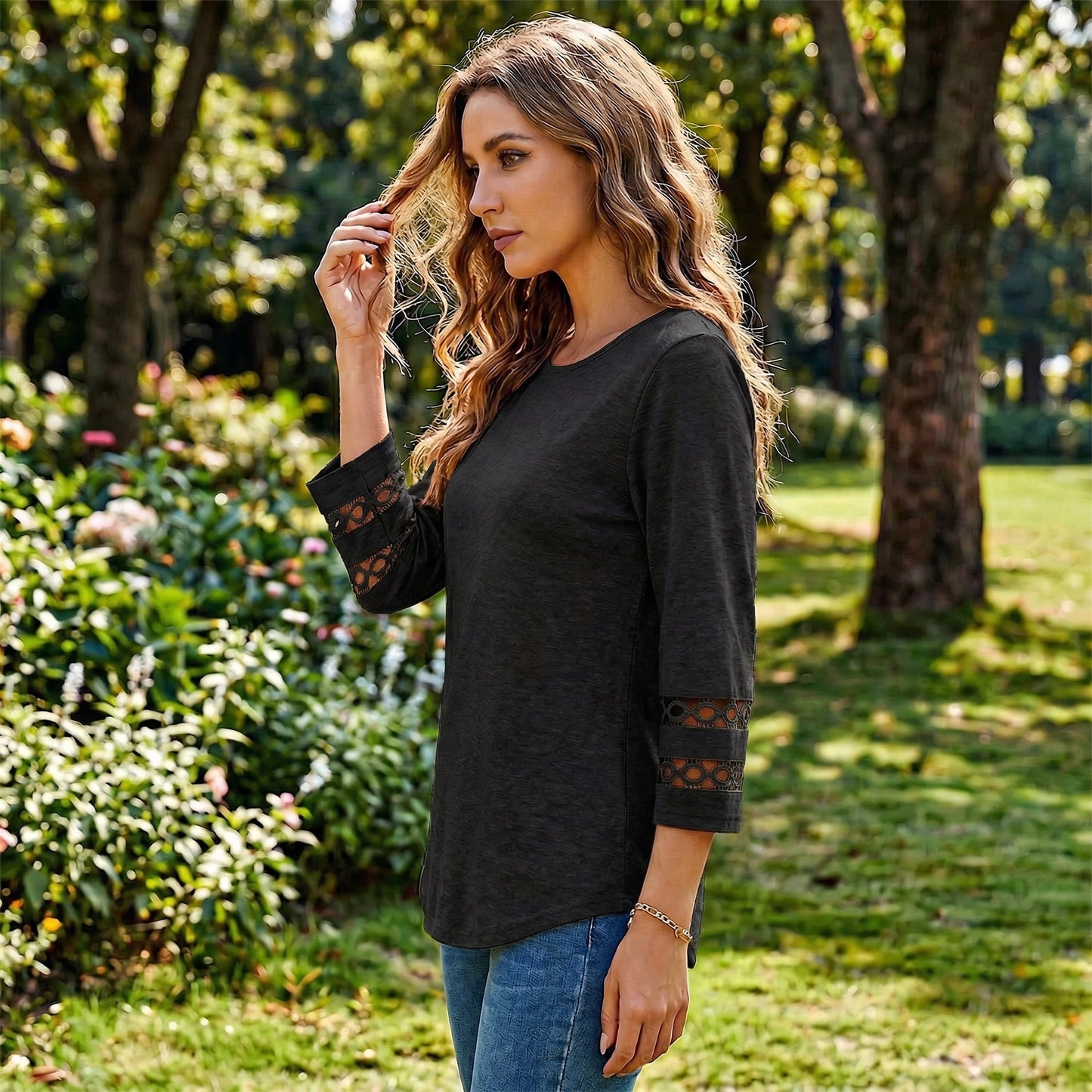 Gingprous 3/4 Sleeve Womens V-Neck Tunic Blouse Hollow Out Lace Sleeve Tops Curved Hem Casual Shirt