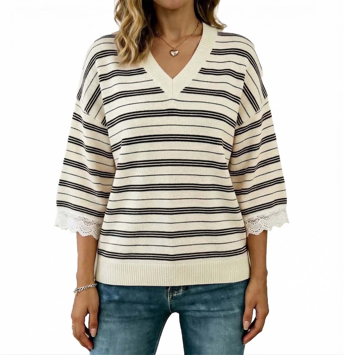 MecTo Womens Striped V-Neck Knit Sweater Lace Trim 3/4 Sleeve Casual Loose Fit Pullover Top