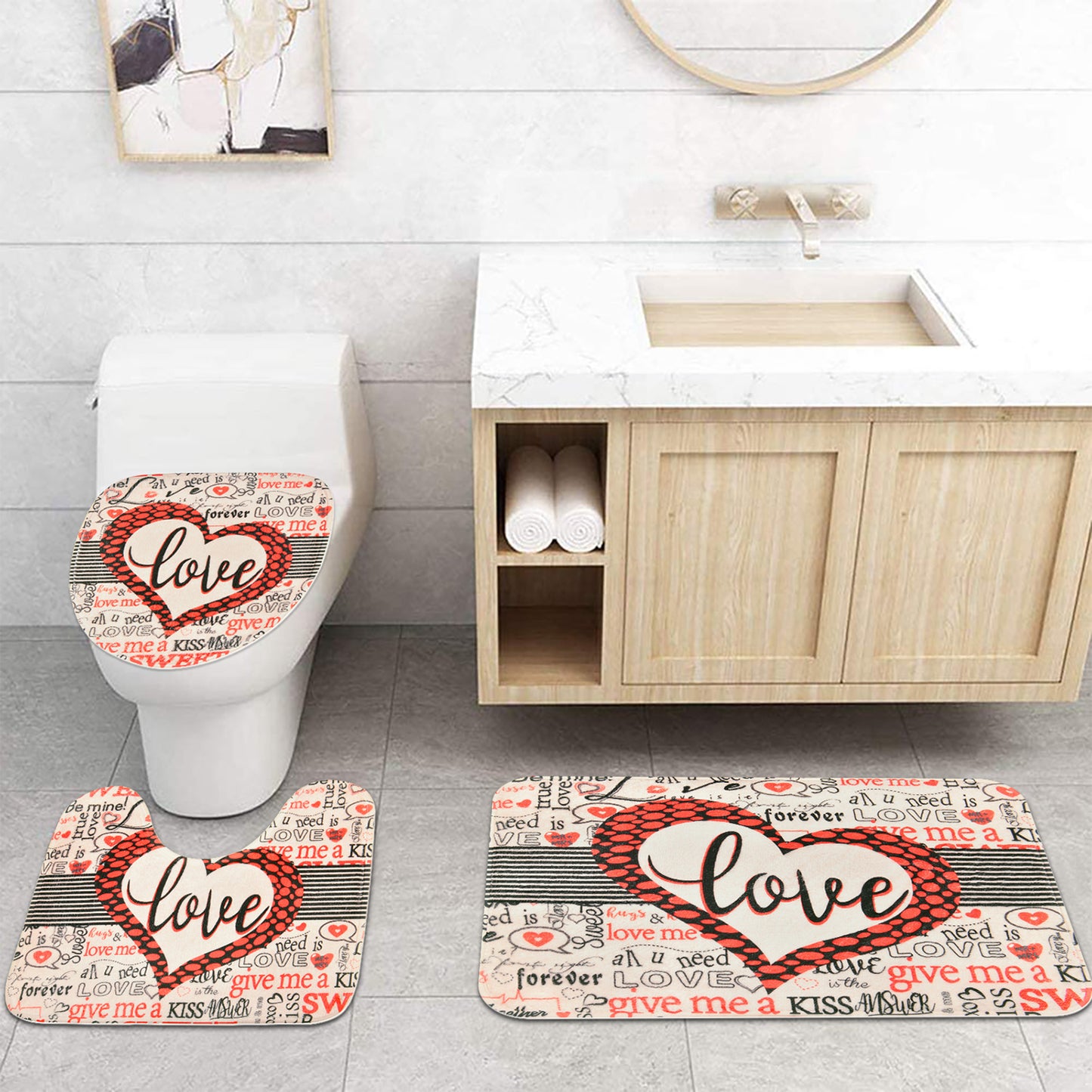FRAMICS Valentine's Day Shower Curtain Sets with Rugs, 16 Pc Sweet Love Heart Bathroom Sets with Hooks, Romantic Waterproof Fabric Bathroom Decor Gift