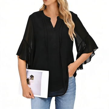 Gingprous Women's 3/4 Sleeve Henley Blouse, V Neck Pleated Ruffle Sleeve Dressy Casual Top, Red Polka Dot