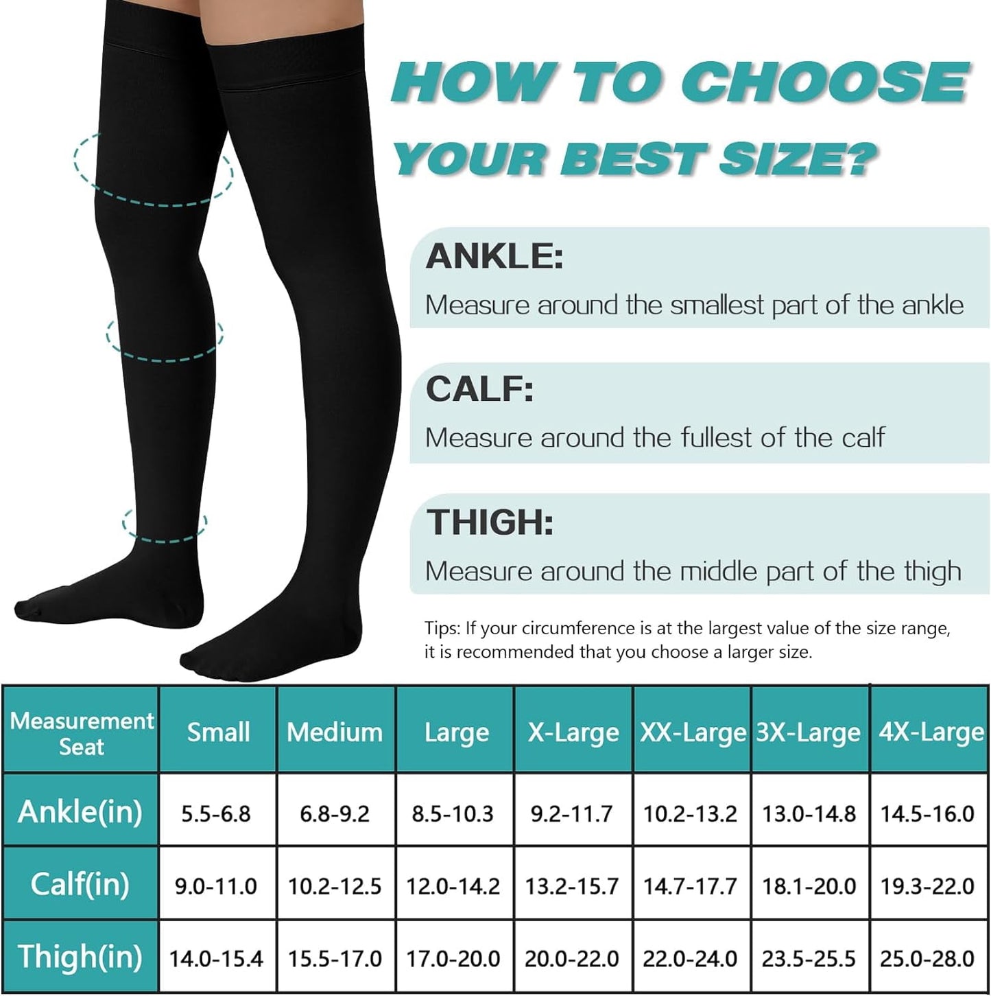 Wukang 2 Pairs Compression Stockings for Women & Men,20-30mmHg Thigh High Compression Socks,Closed Toe Medical Compression Socks with Silicone Dot Band