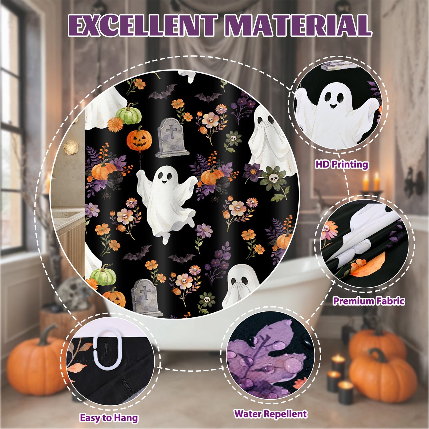 FRAMICS Halloween Cute Ghost Shower Curtain Sets with Rugs, 16-Piece Spooky Floral Pumpkin Bathroom Sets with Hooks, Waterproof Fabric Bathroom Decor 72" x 72"