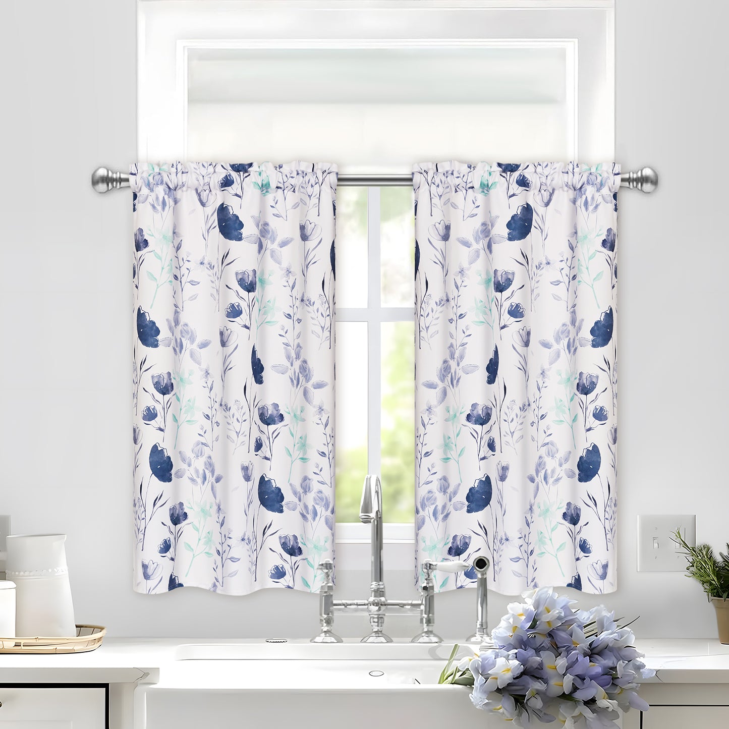 Alishomtll Kitchen Curtains Floral Print Tier Curtains Sets Light Filtering Small Window Drapes Rod Pocket ,26"Wx36"L,2 Panels,Gray Blue
