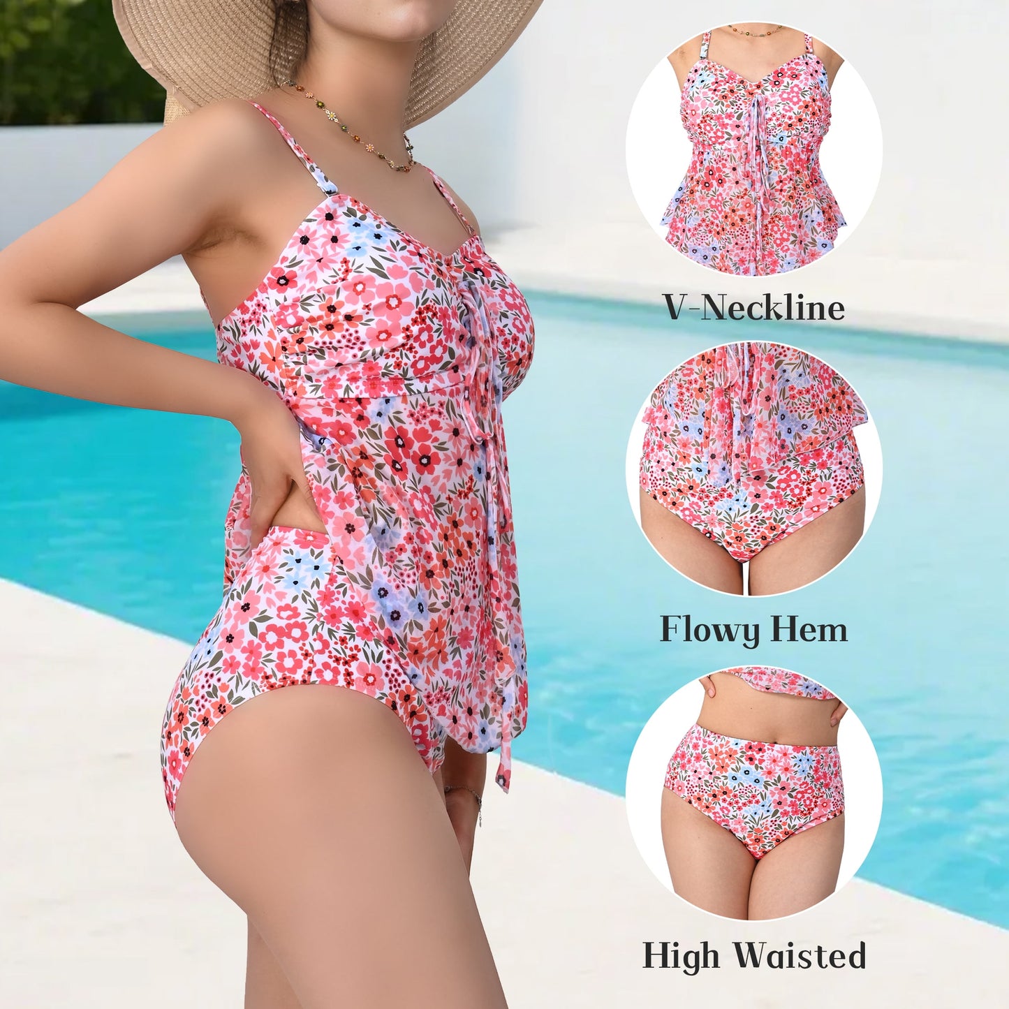 MecTo Swimsuit for Women 2 Piece Bathing Suit High Waisted Tummy Control Flower Prints Skirt Bikini Tankini Set Swimwear