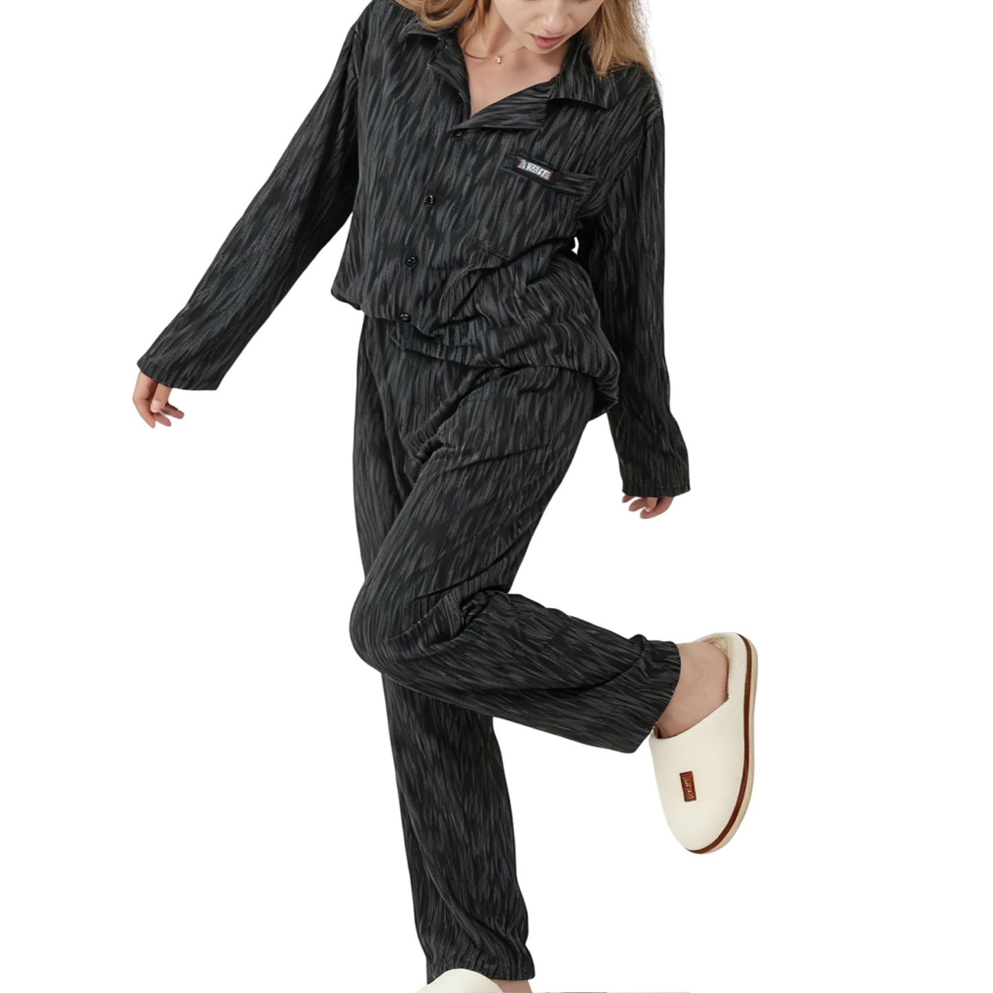 Mecto Women's Pajamas Sets Dark Texture Pattern Black Long Sleeves Shirt with and Pants Two Piece Lady PJ Set