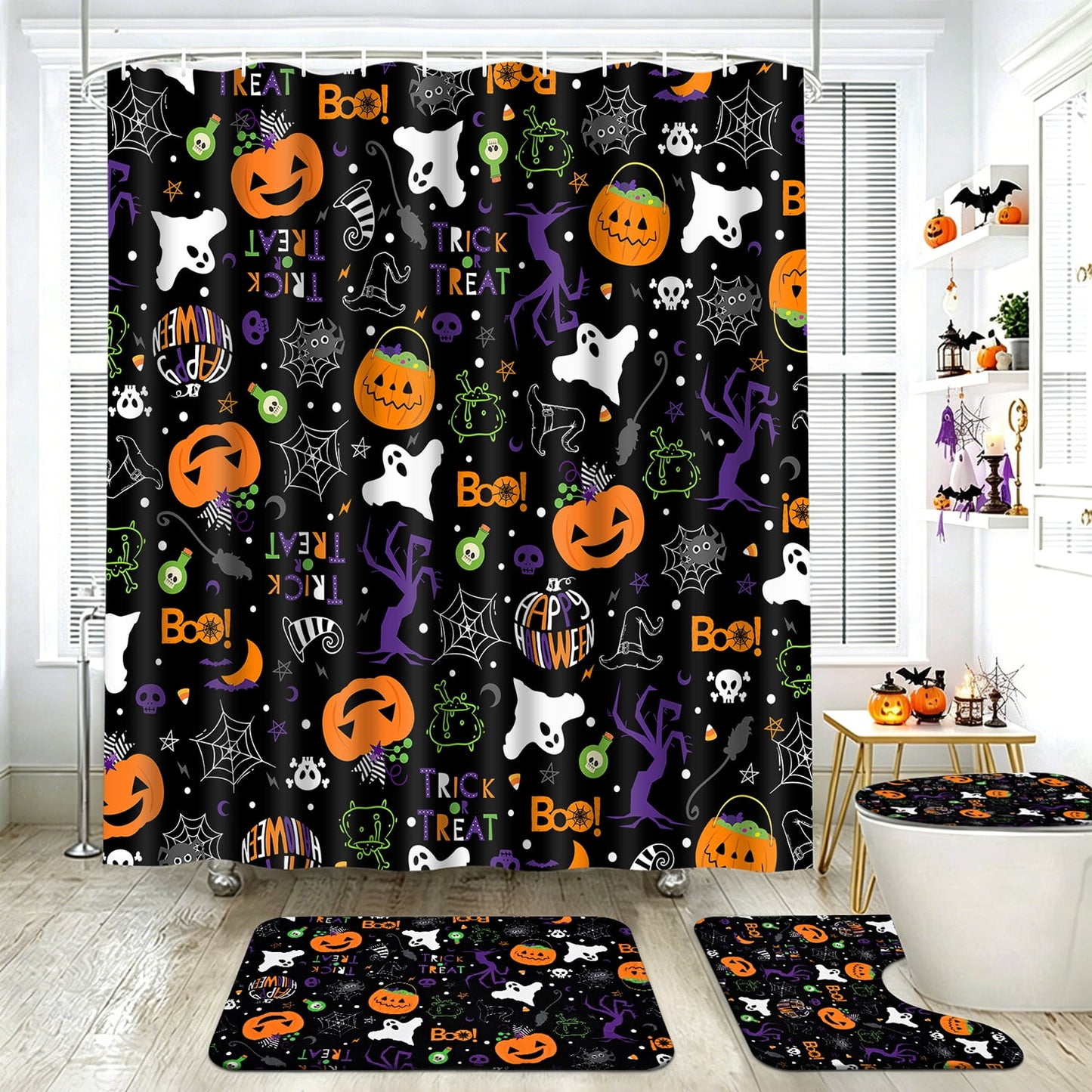 FRAMICS Halloween Shower Curtain Sets with Rugs, 16 Pc Pumpkin Spooky Ghost Bathroom Sets, Black Waterproof Fabric Shower Curtain with 12 Hooks and Toilet Rugs