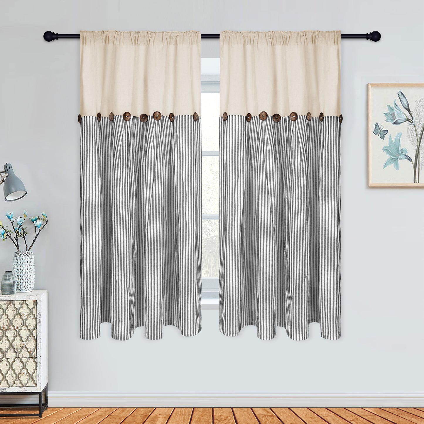 Alishomtll Farmhouse Curtains Natural Stripe Cotton Linen Button Boho Rustic Rod Pocket Back Tab Window Drapes for Living Room , 2 Panels