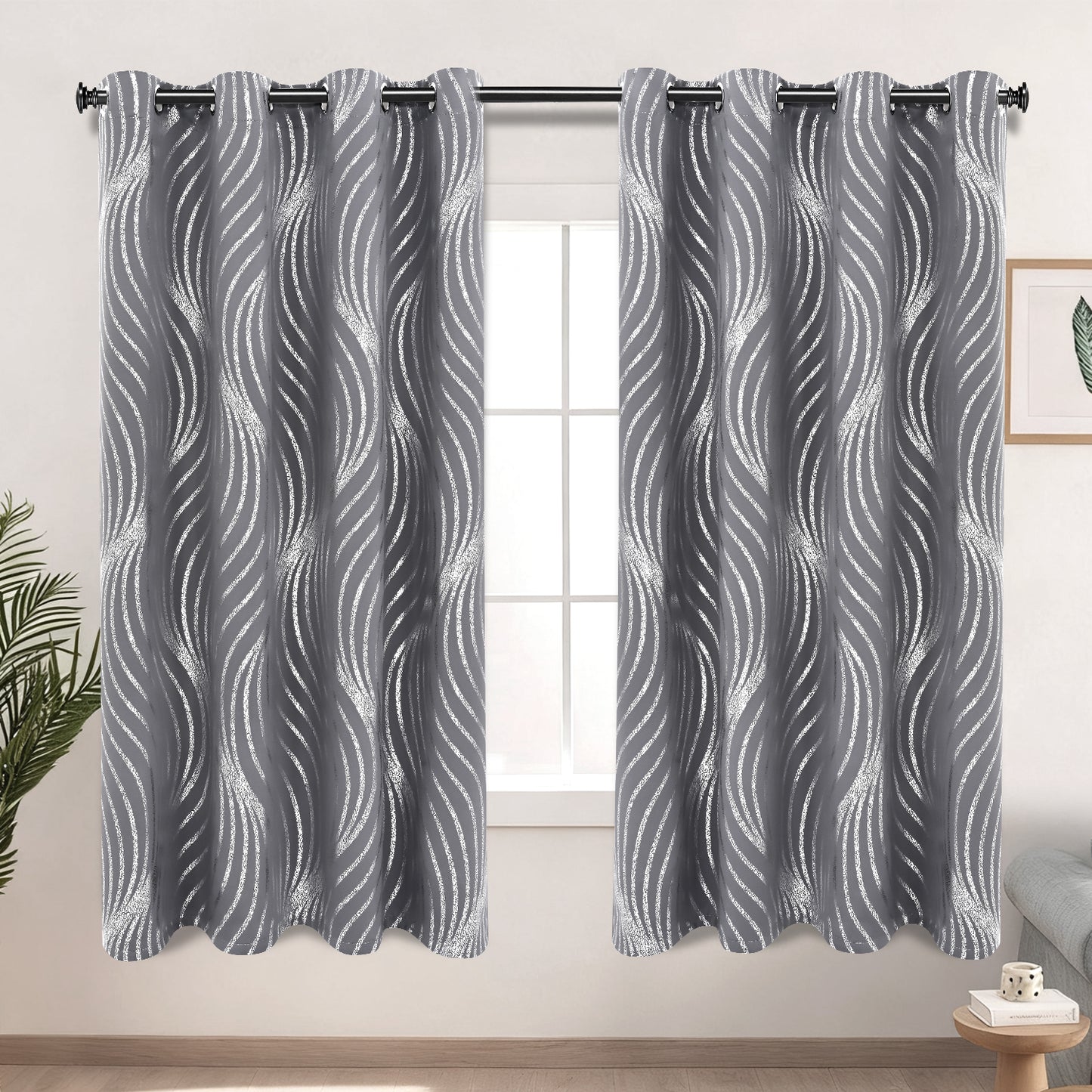 Alishomtll Grey Blackout Curtains for Living Room ,Modern Metallic Silver Wave Pattern Bedroom Thermal Insulated Drapes ,2 Panel Set,52"x63"