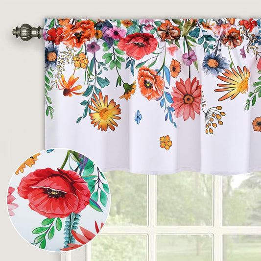 Alishomtll Valance Curtains Blossom Floral Print Window Curtain Valance Rod Pocket, 52W" x 18L",White
