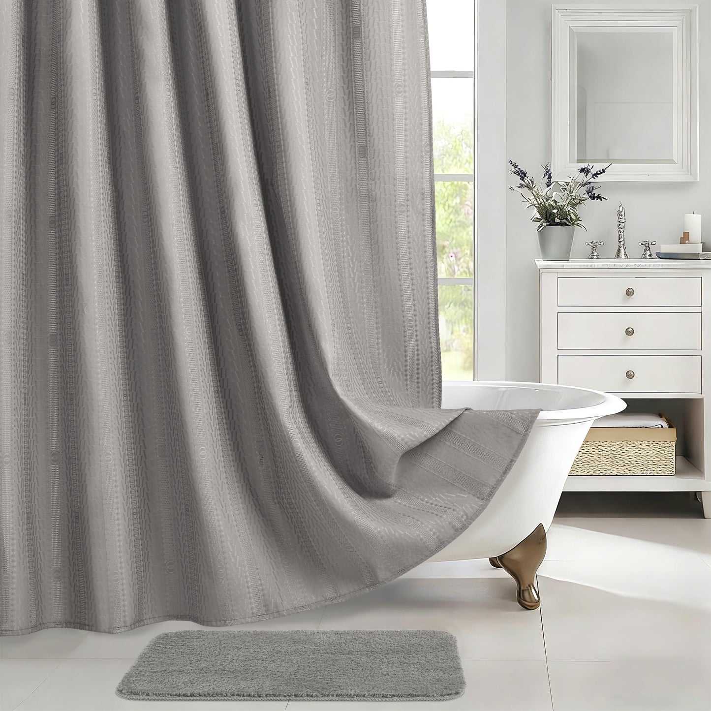 FRAMICS Waffle Shower Curtain Sets with Rug and Hooks, 14-Piece Thick Weighted Fabric Bathroom Sets, Wrinkle and Mildew-Resistant, Gray