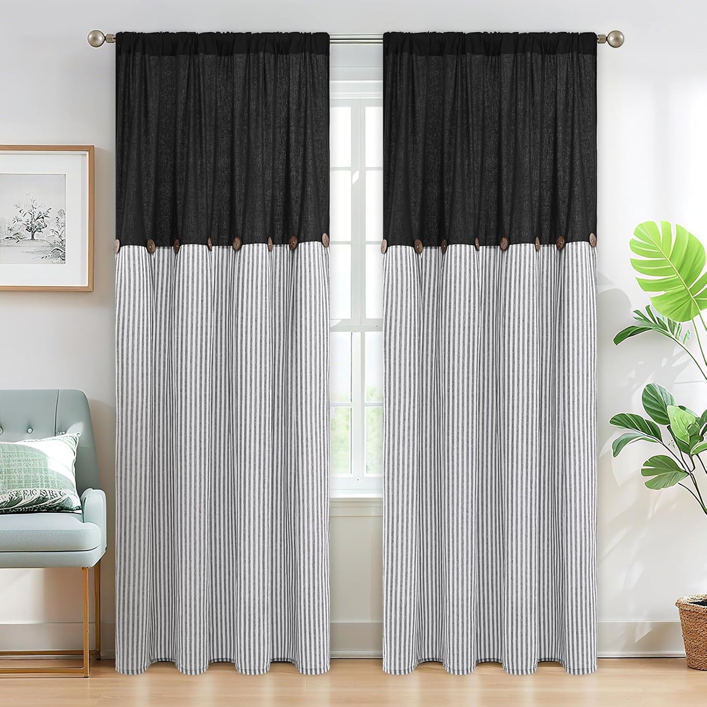 Alishomtll Farmhouse Curtains Natural Stripe Cotton Linen Button Boho Rustic Rod Pocket Back Tab Window Drapes for Living Room , 2 Panels